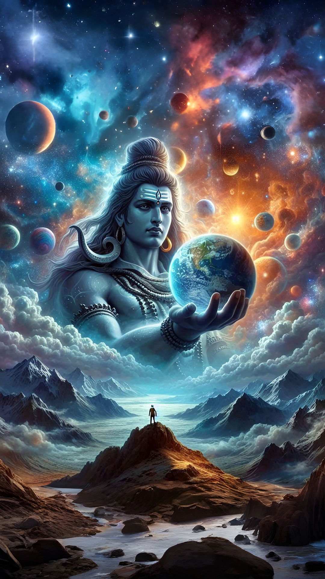 Shiva holding Earth in cosmic background
