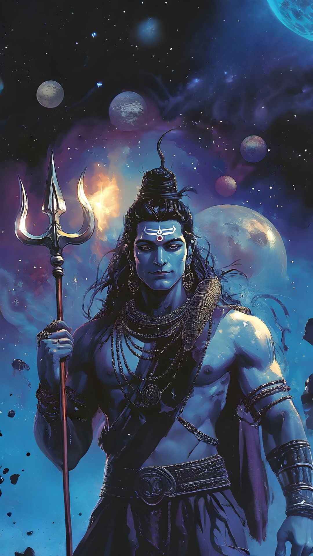 Shiva amidst a cosmic galaxy.