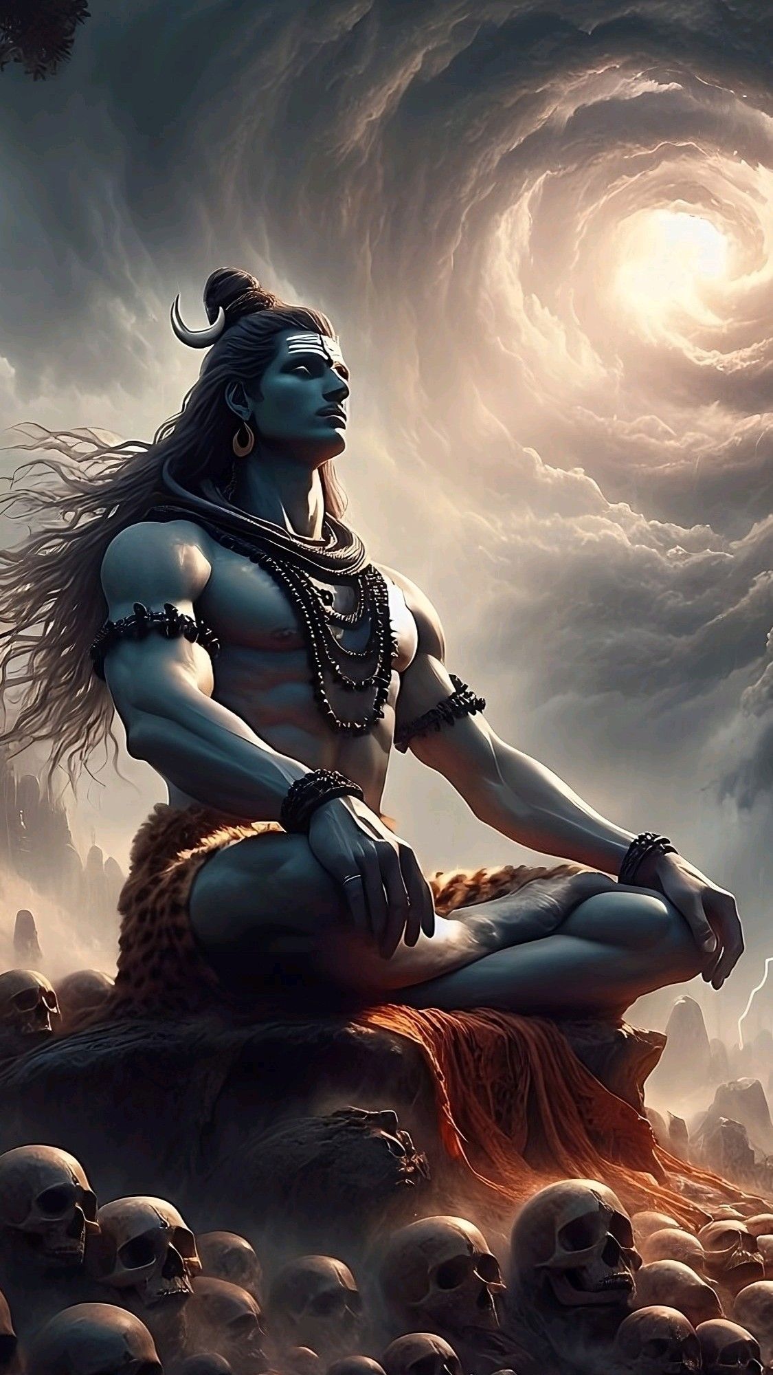 Meditating Shiva amidst swirling cosmic clouds