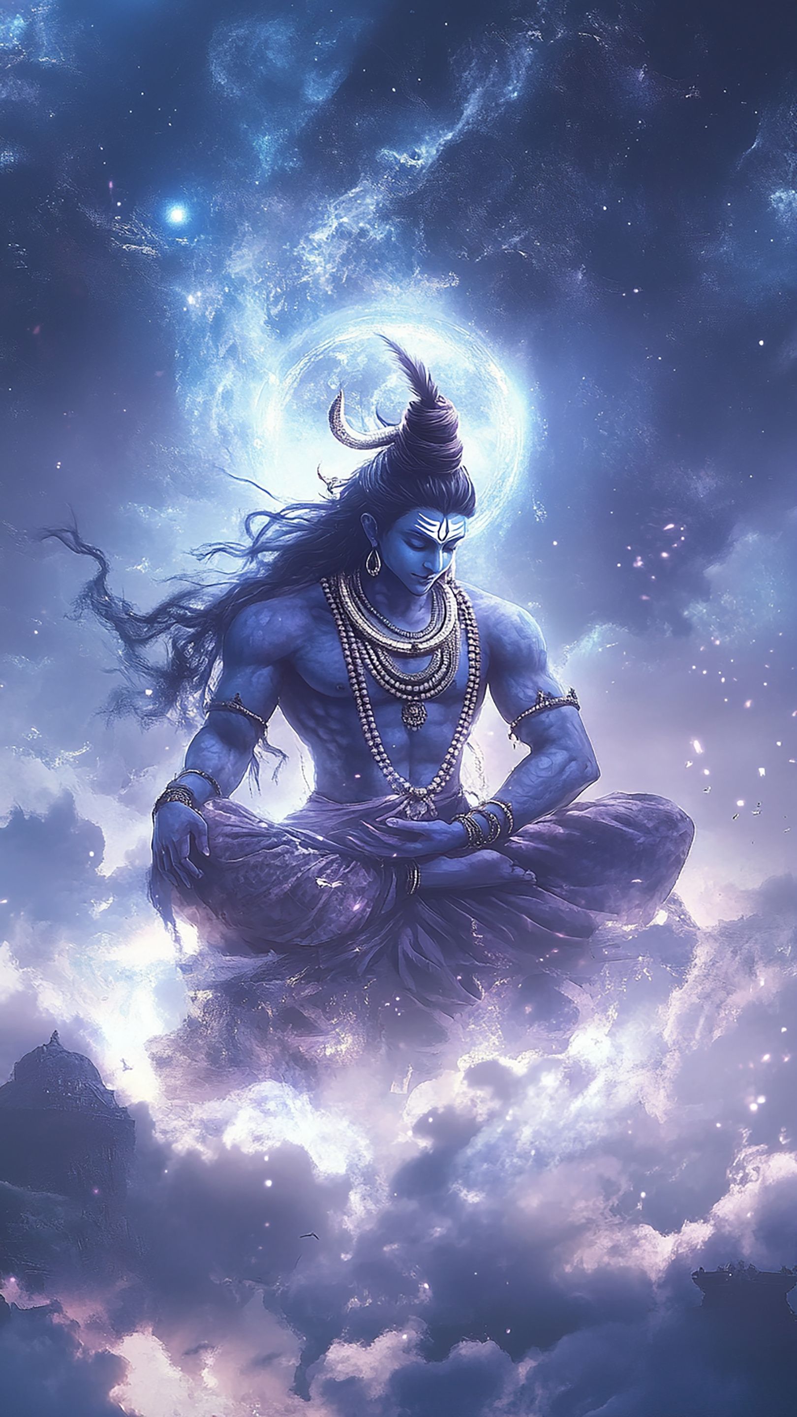 Meditating Shiva amidst cosmic clouds