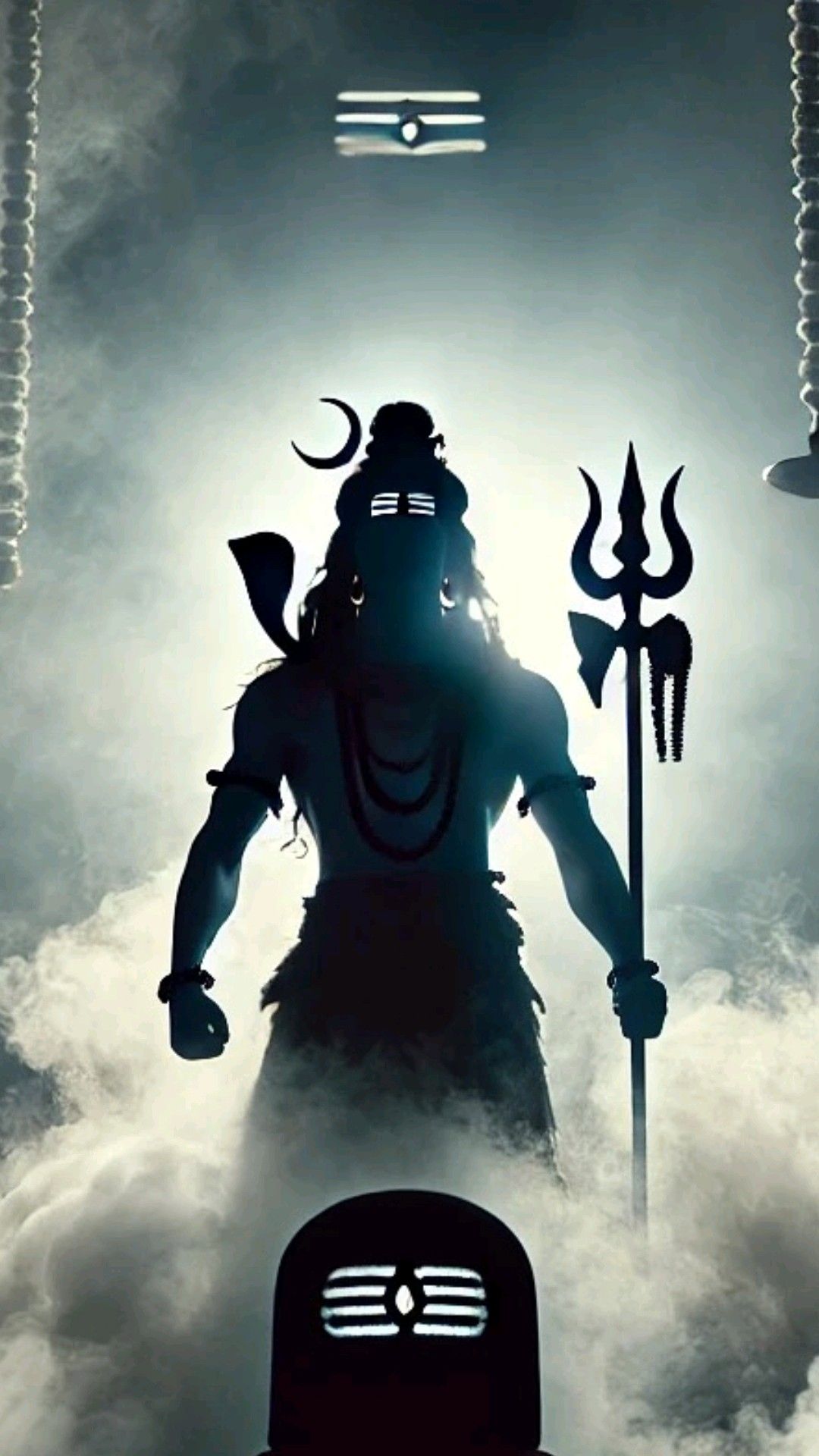 Powerful Shiva silhouette amidst swirling clouds