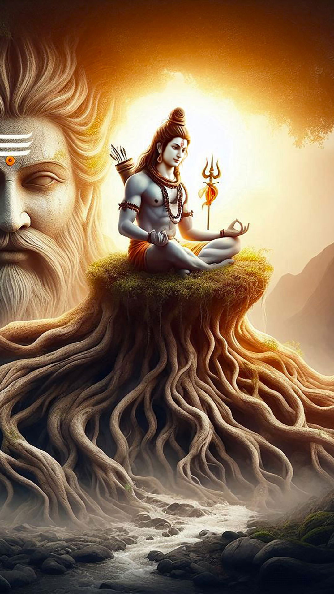 Shiva meditating on a cosmic root.