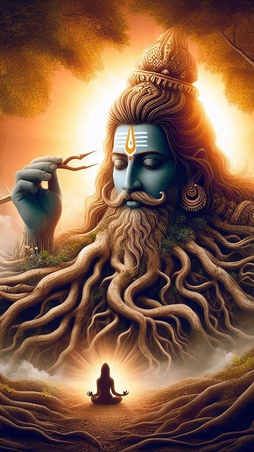 Shiva amidst cosmic roots, divine serenity