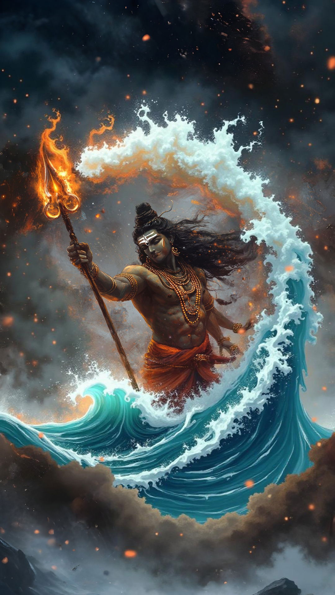 Shiva rises from cosmic waves, Trishul in hand.