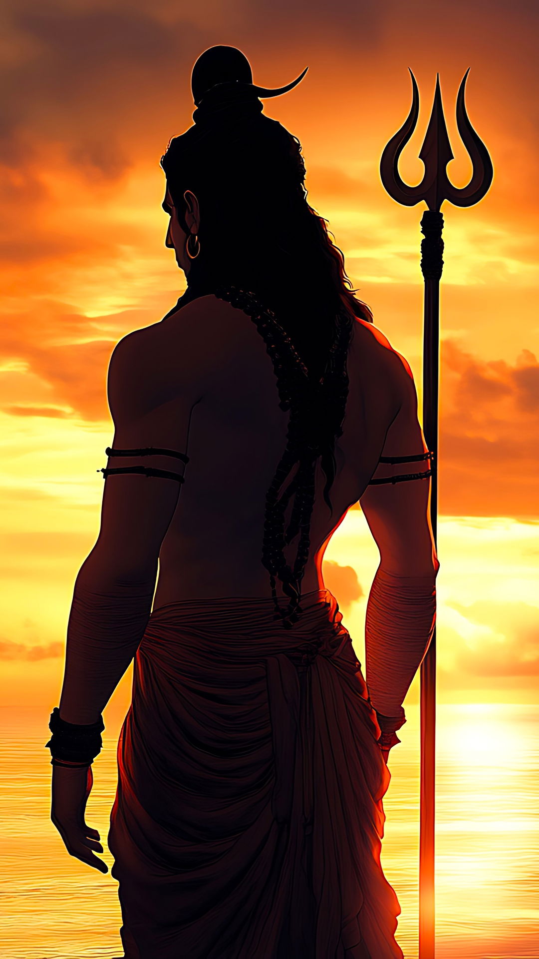 Shiva overlooking ocean at sunset