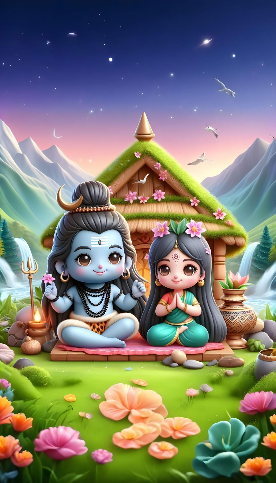 Baby Shiva and Parvati amidst nature