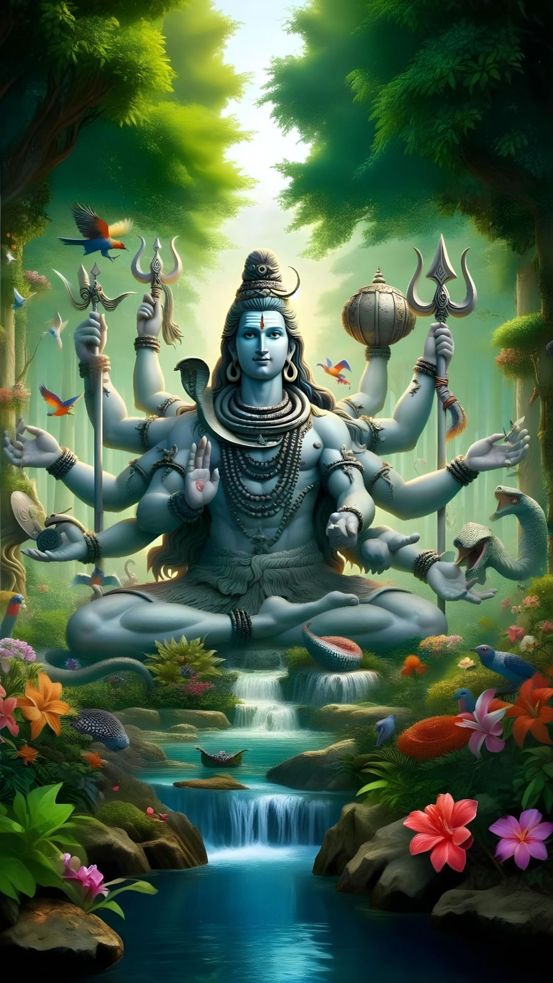 Shiva meditating amidst a vibrant forest