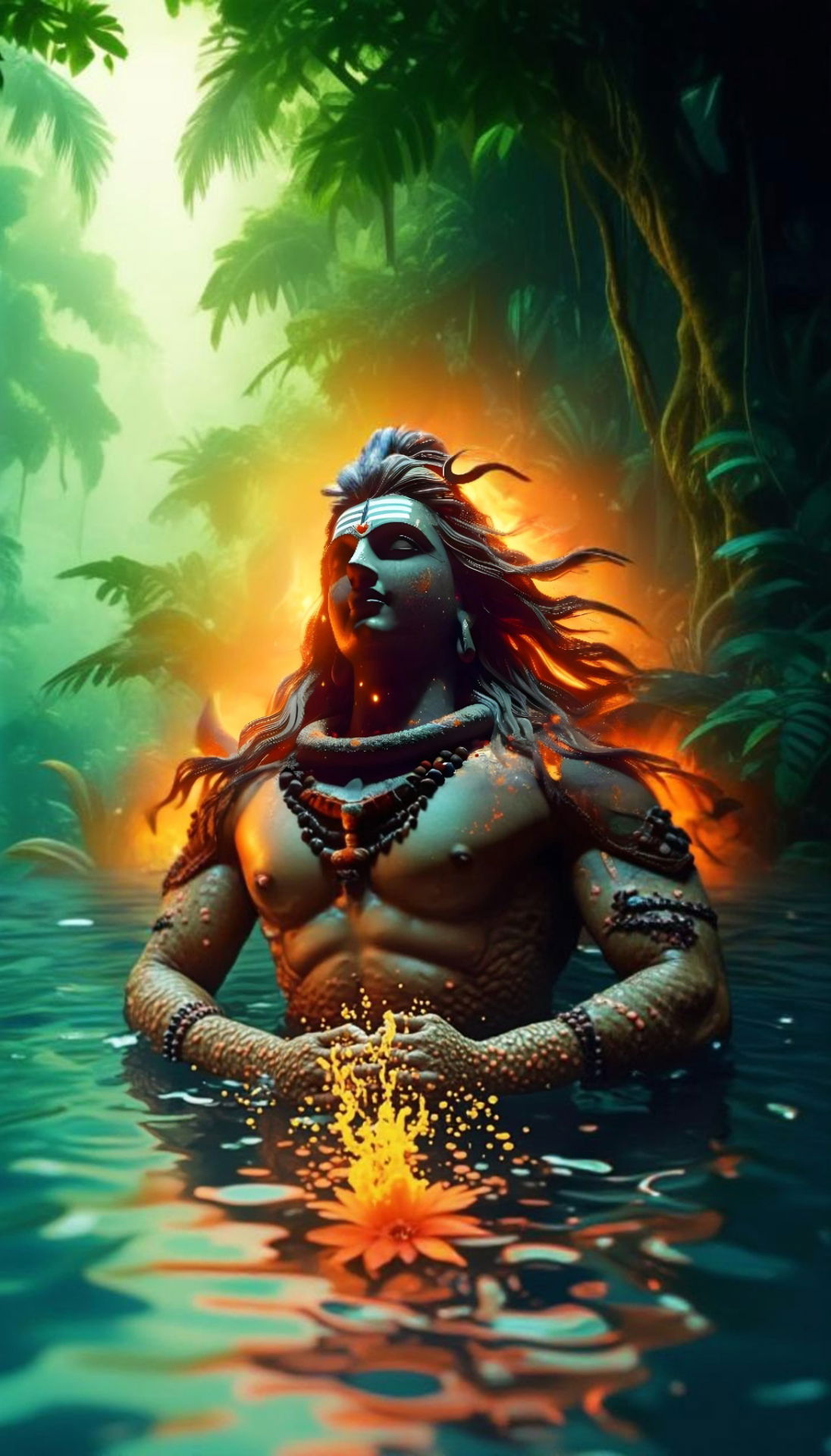 Shiva emerging from emerald forest water