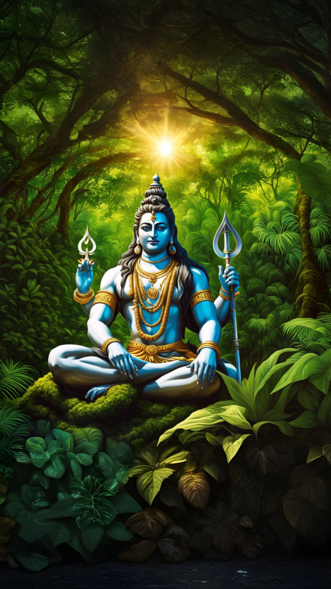 Meditating Shiva in lush forest setting