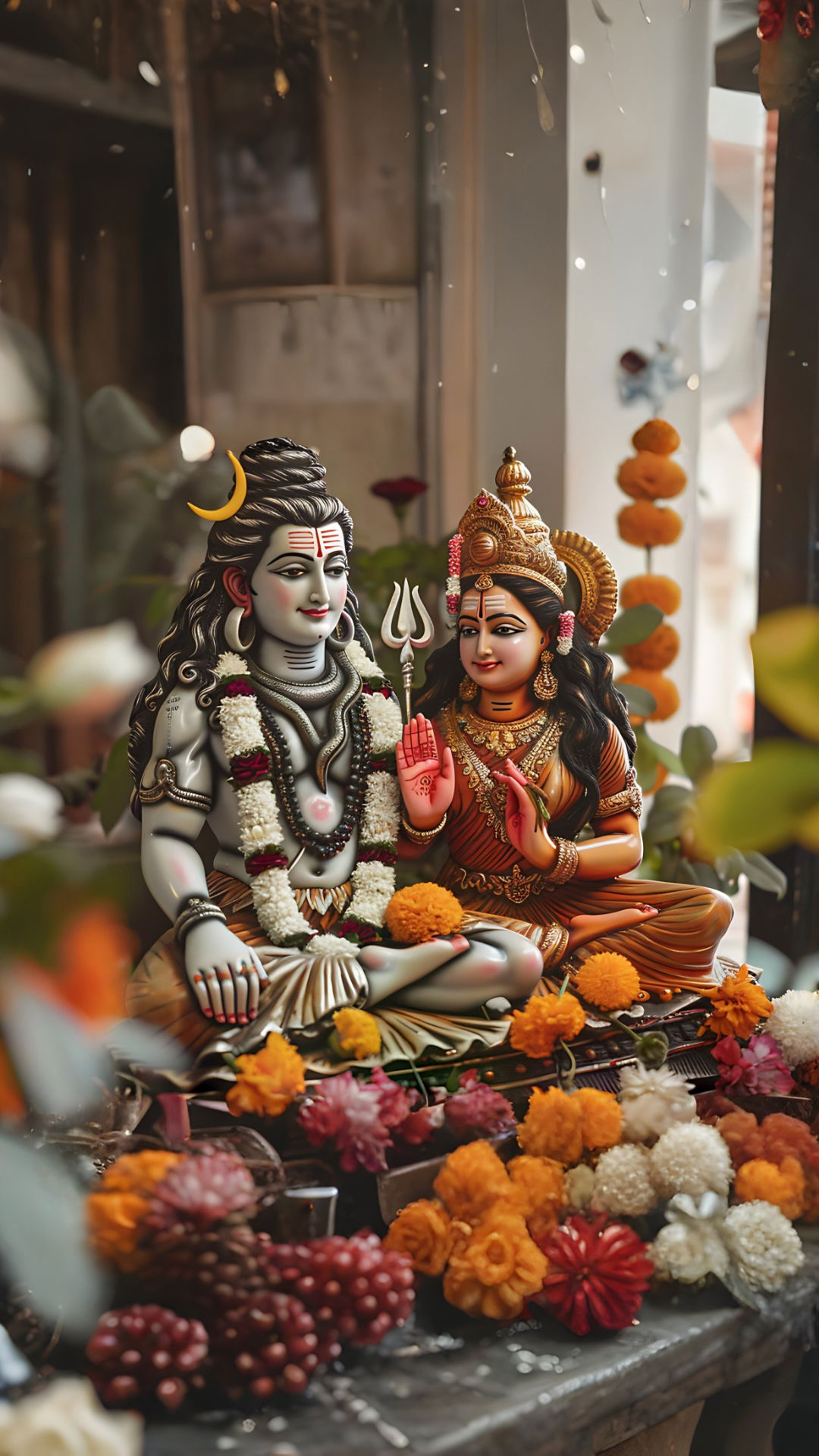 Shiva and Parvati blessing devotees.