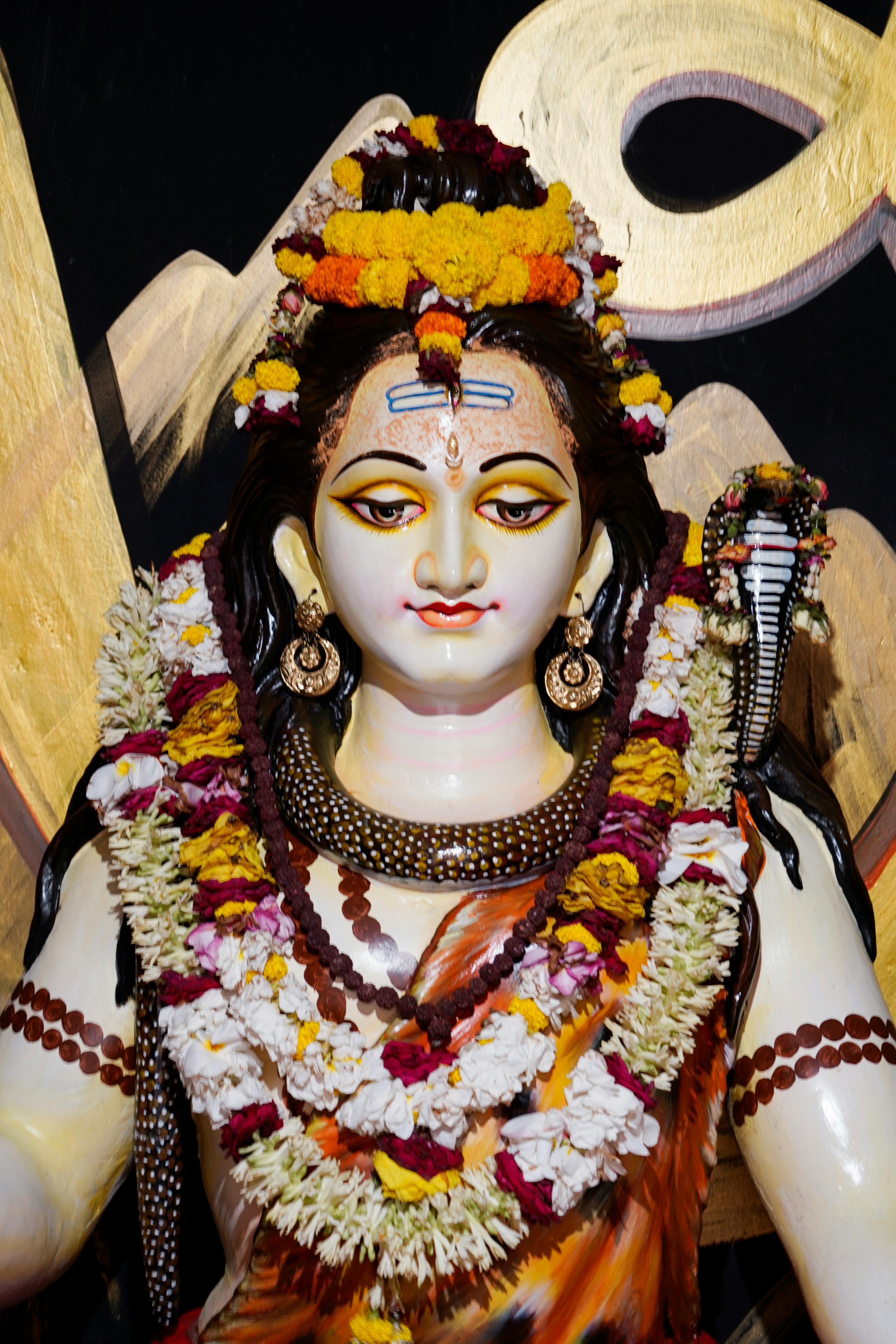 Shiva adorned with flowers, serene face
