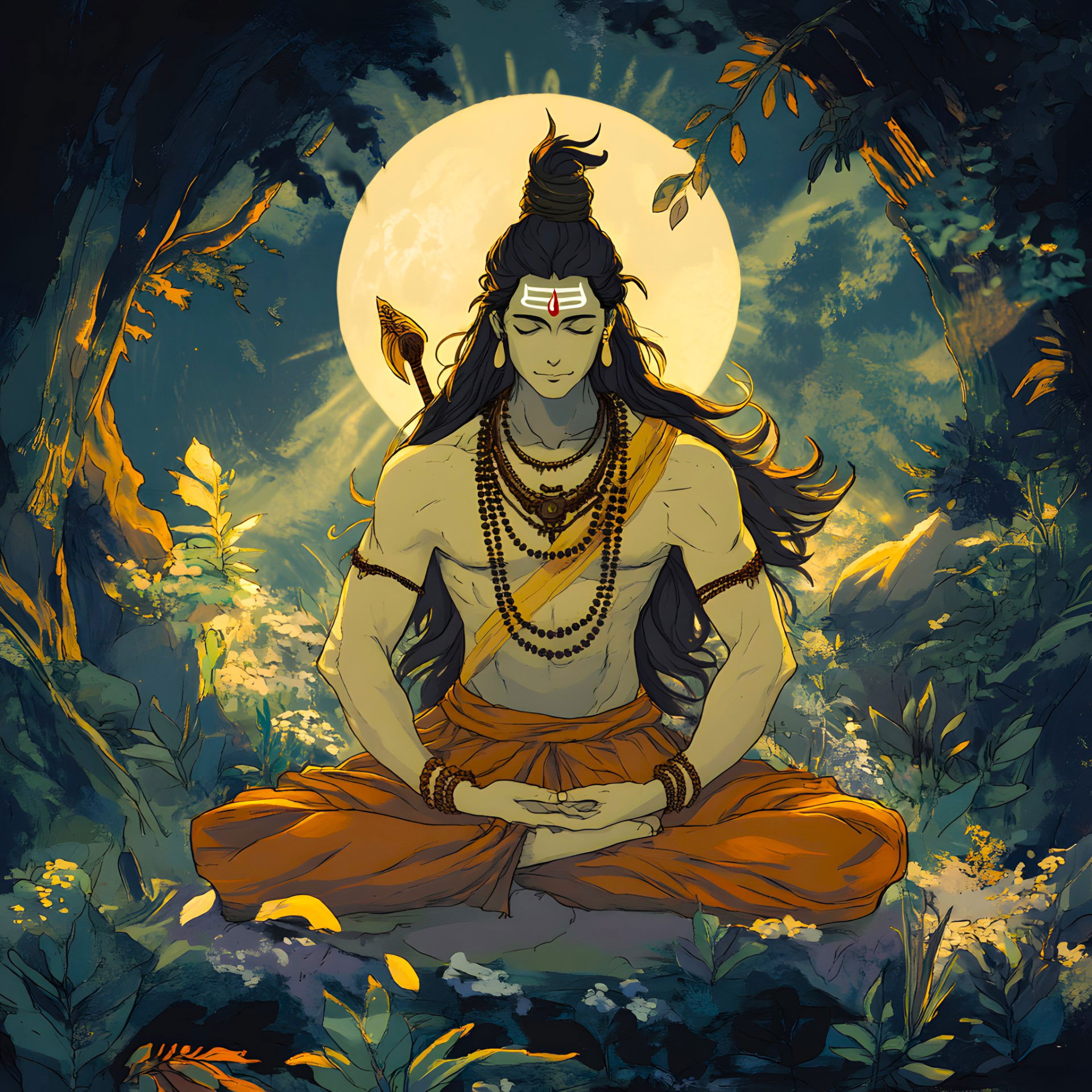 Lord Shiva meditating in forest setting