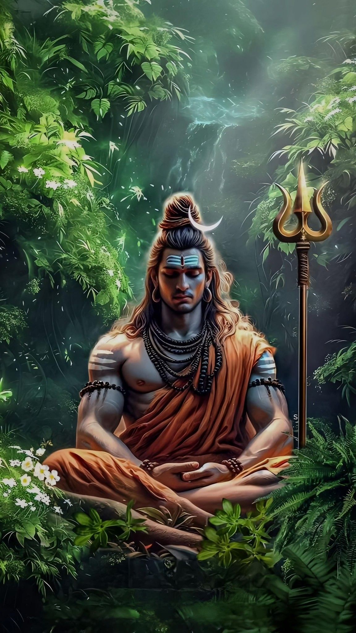Meditating Shiva in lush forest setting