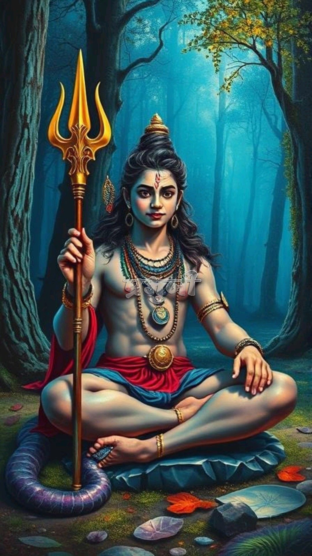 Shiva meditating in forest setting