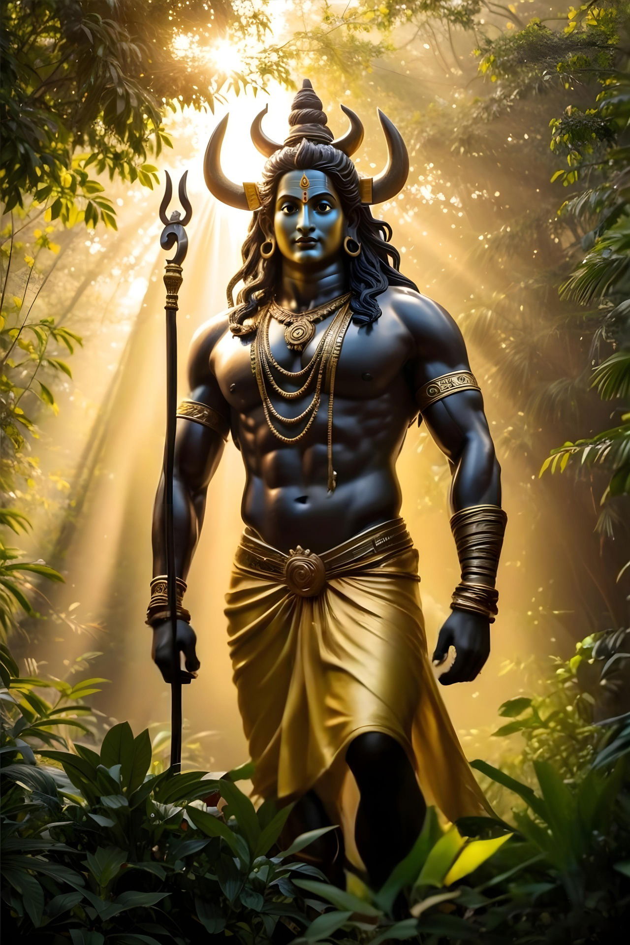 Powerful Shiva stands in a forest