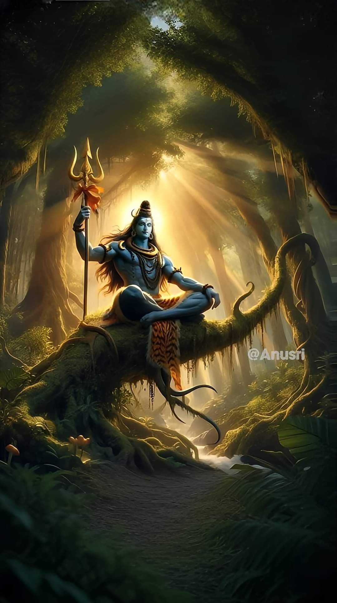 Shiva meditating in a lush forest