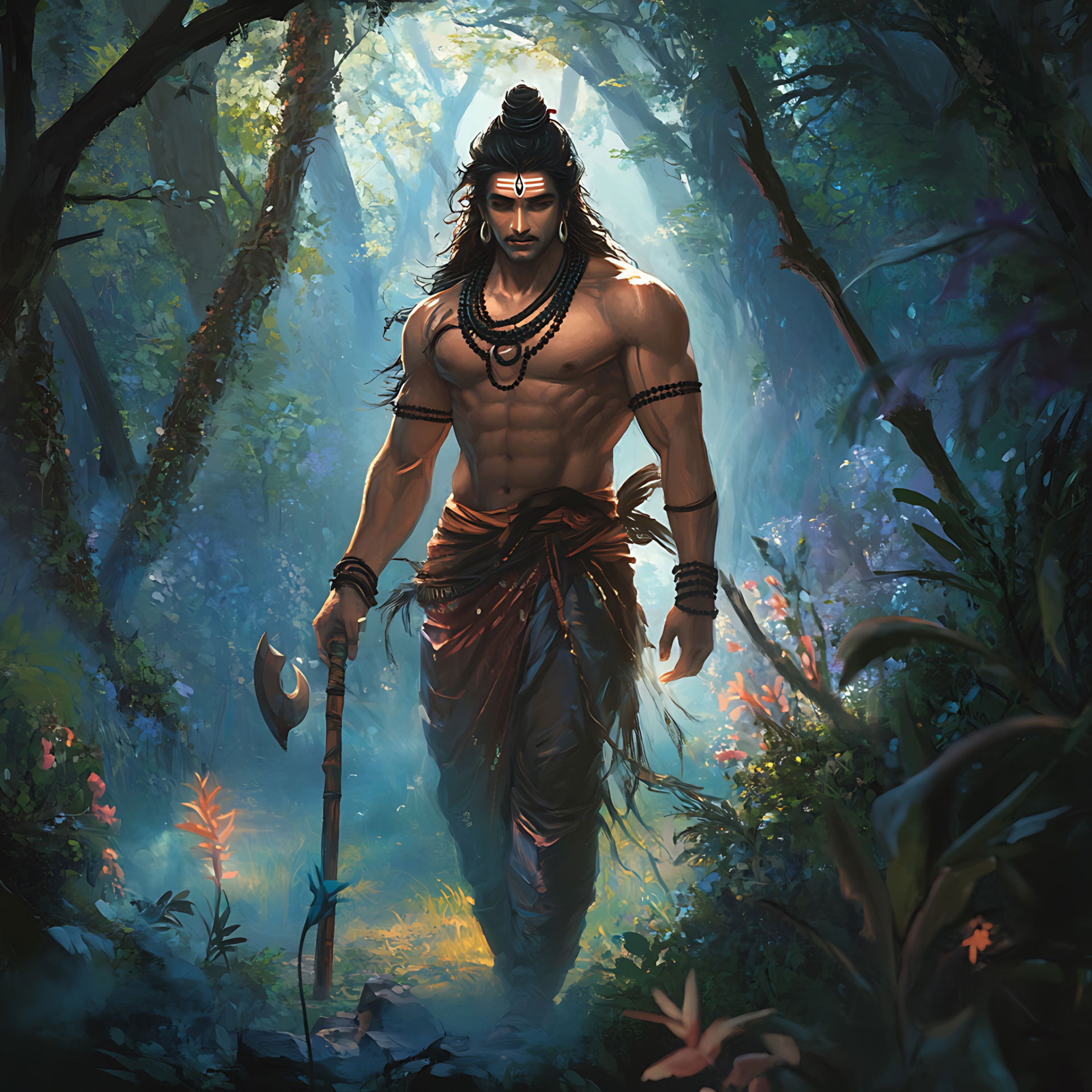 Shiva wandering through a mystical forest.