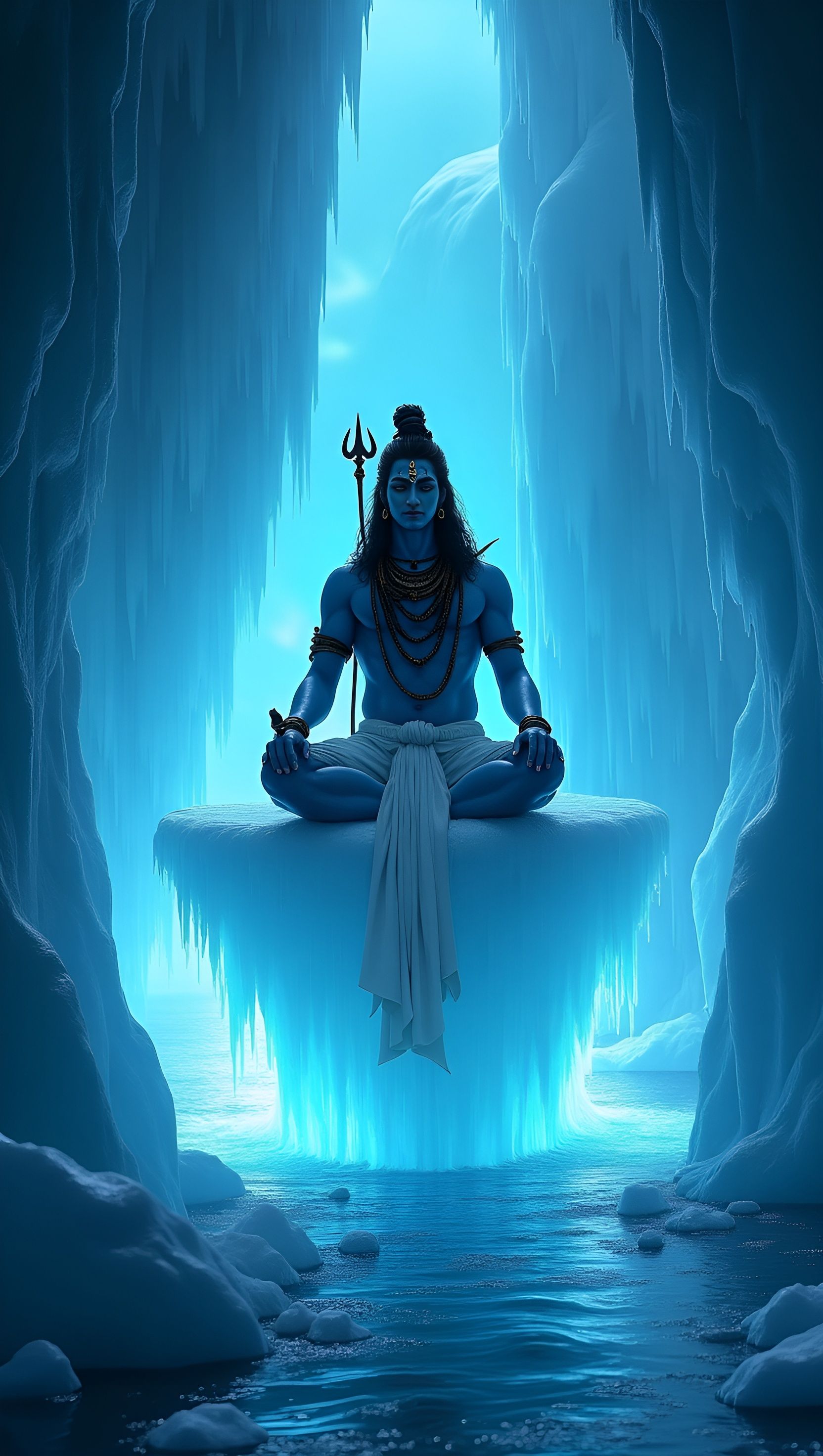 Shiva meditating in a frozen cave