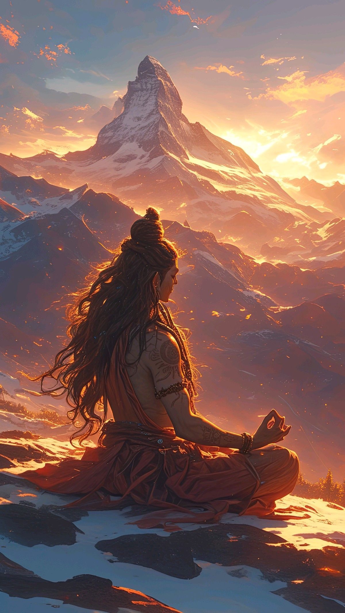 Shiva meditating on a mountain peak