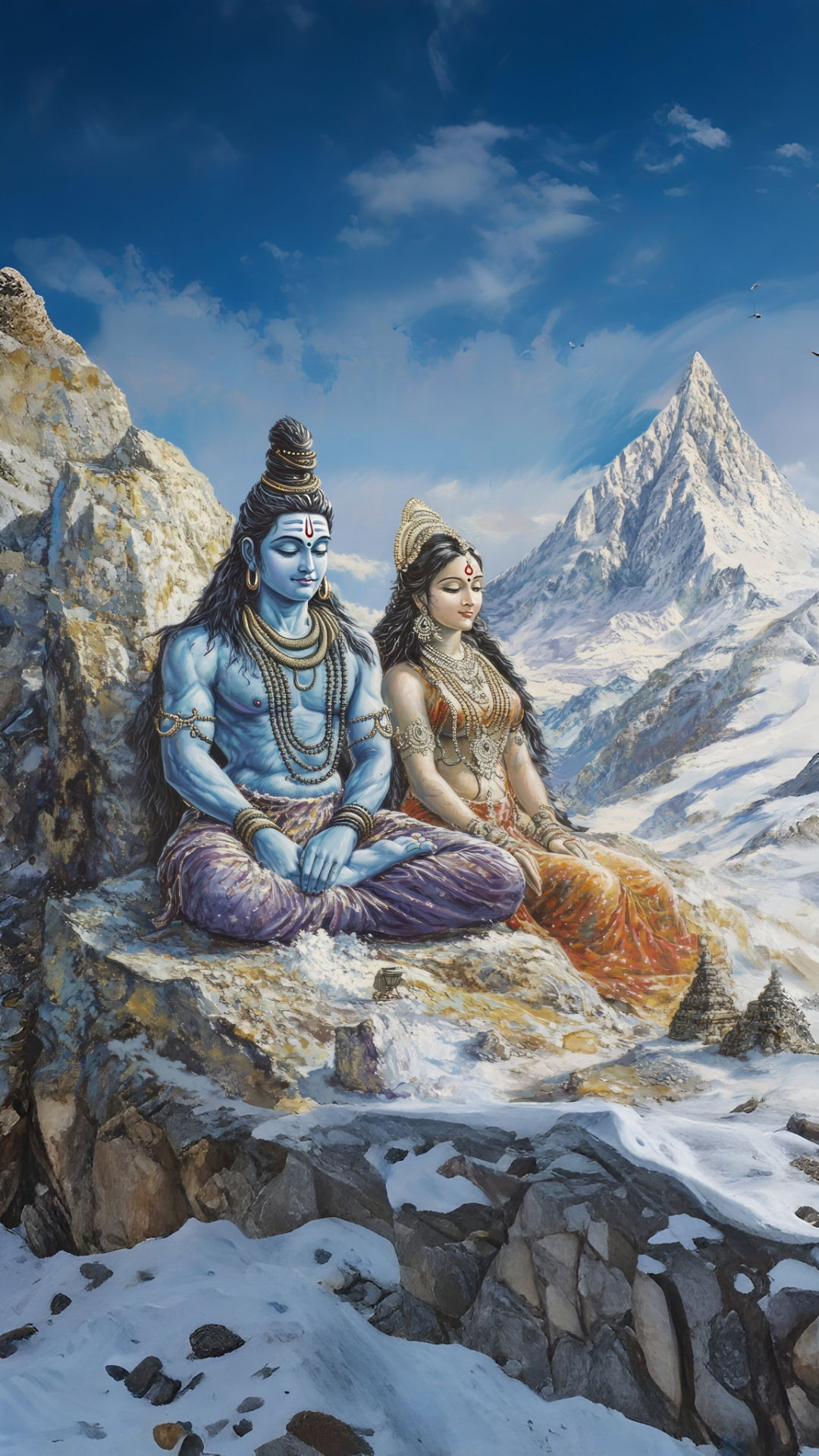 Shiva and Parvati in snowy mountains