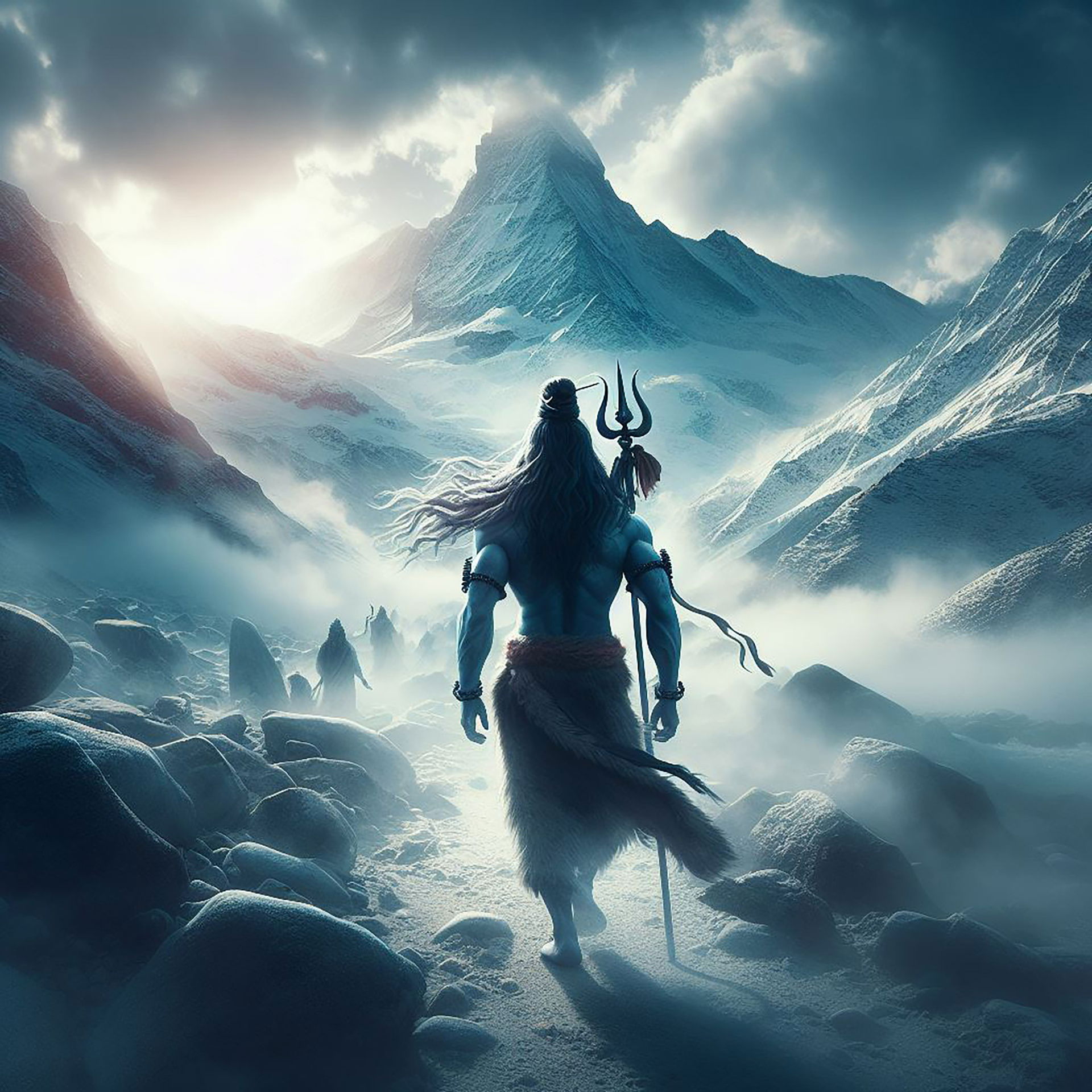 Shiva standing amidst snow-capped mountains