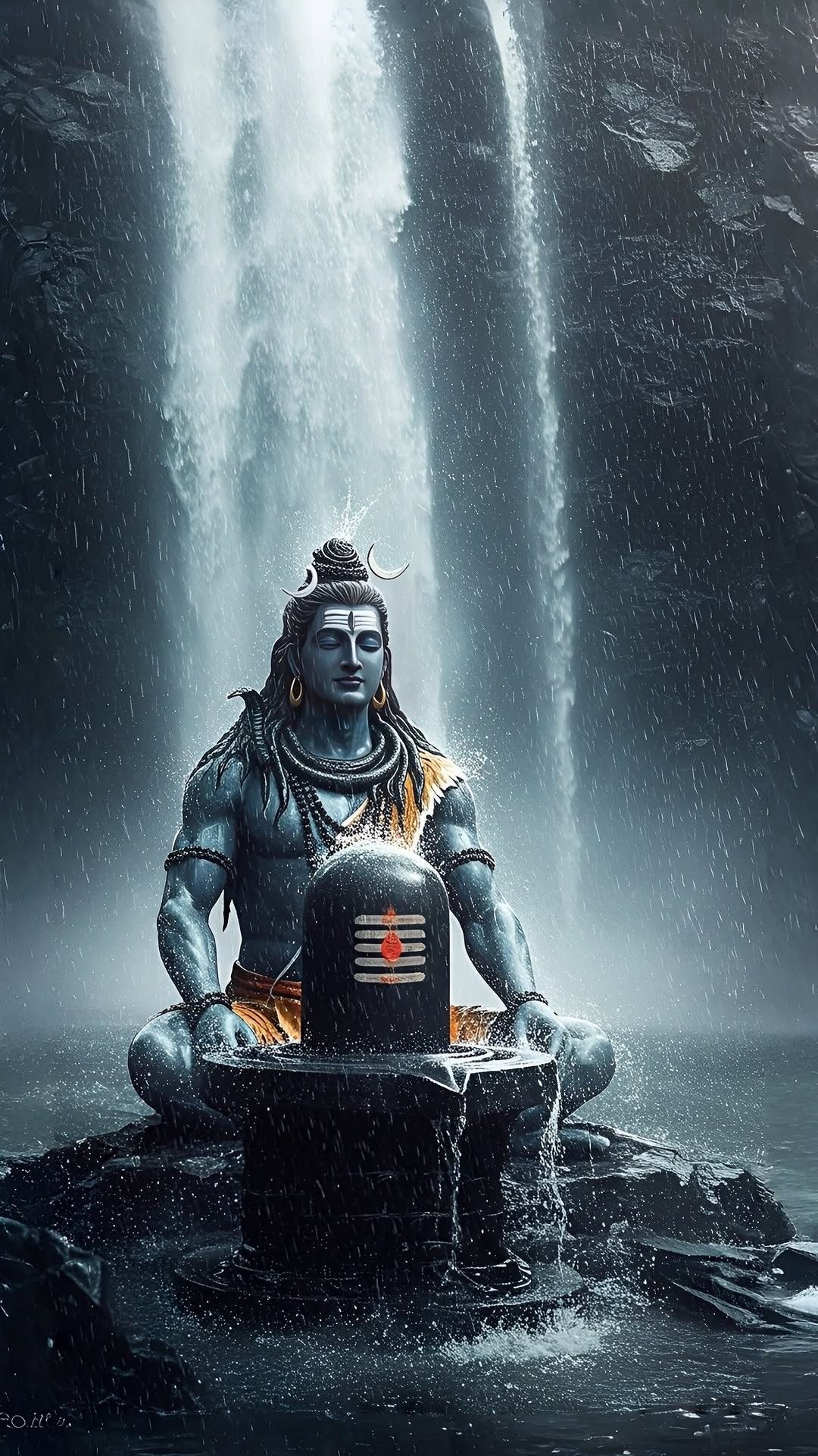 Shiva meditating by a mountain waterfall