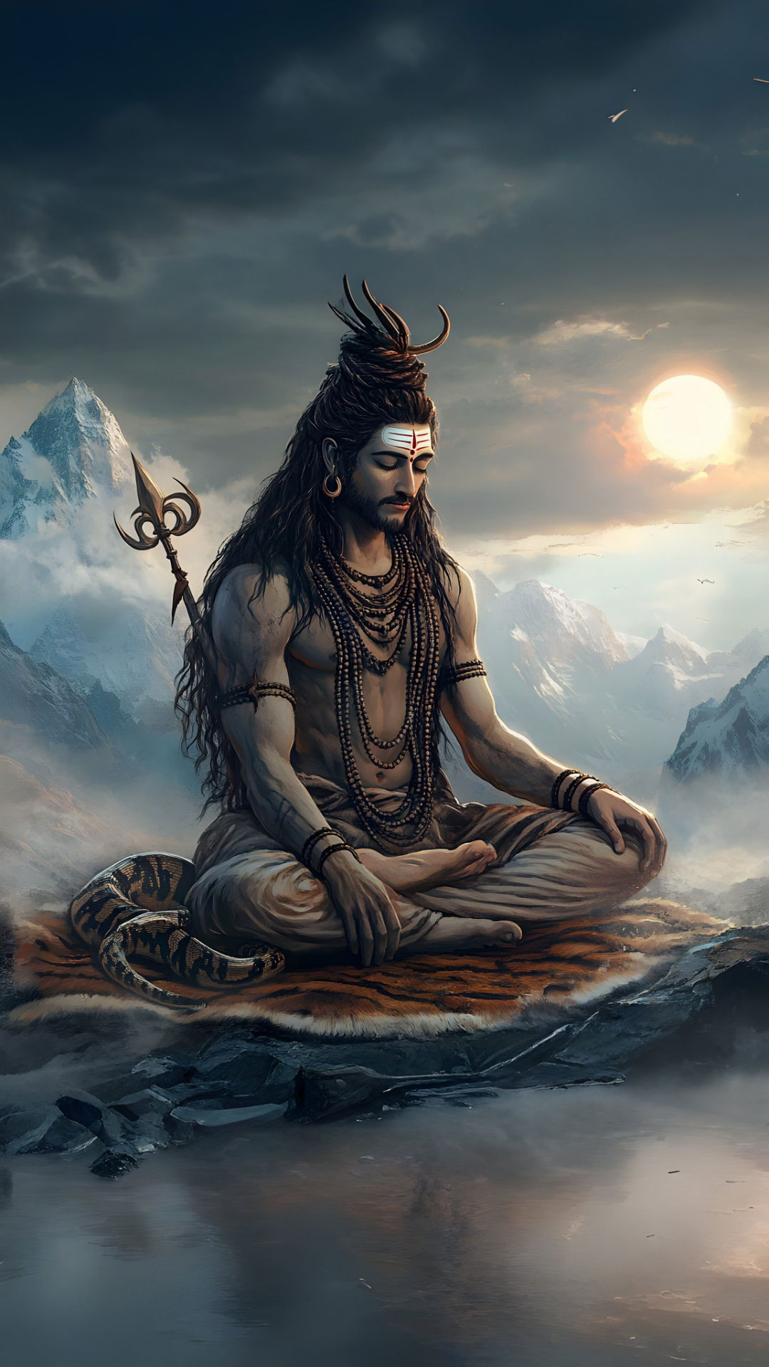 Meditating shiva amidst snowy mountains