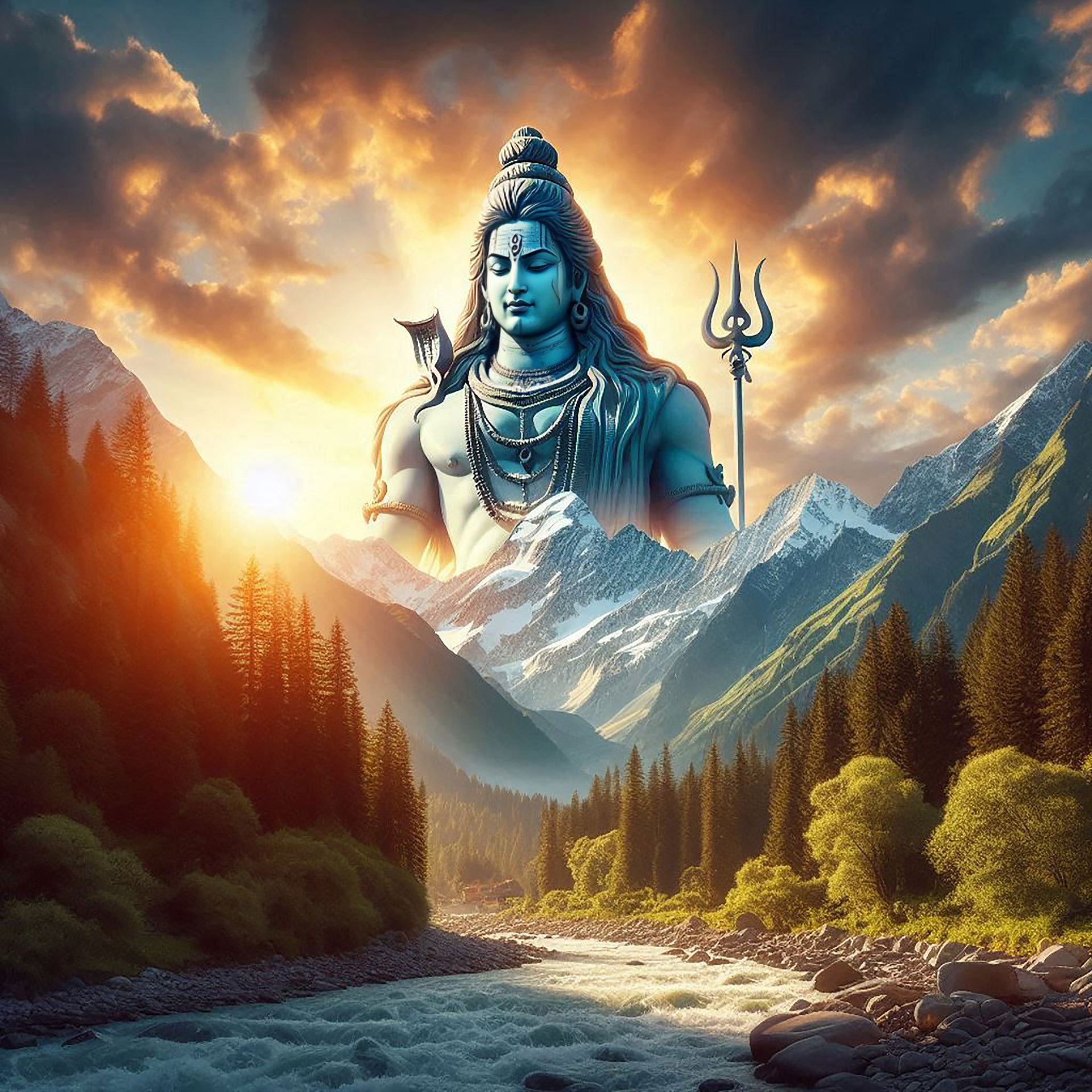 Shiva amidst snow-capped mountains.