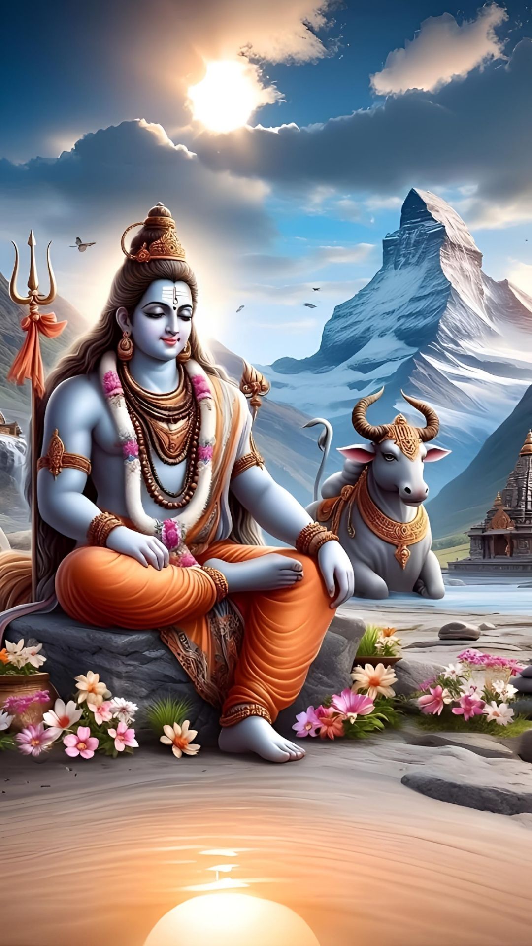 Shiva meditating with Nandi in Himalayas