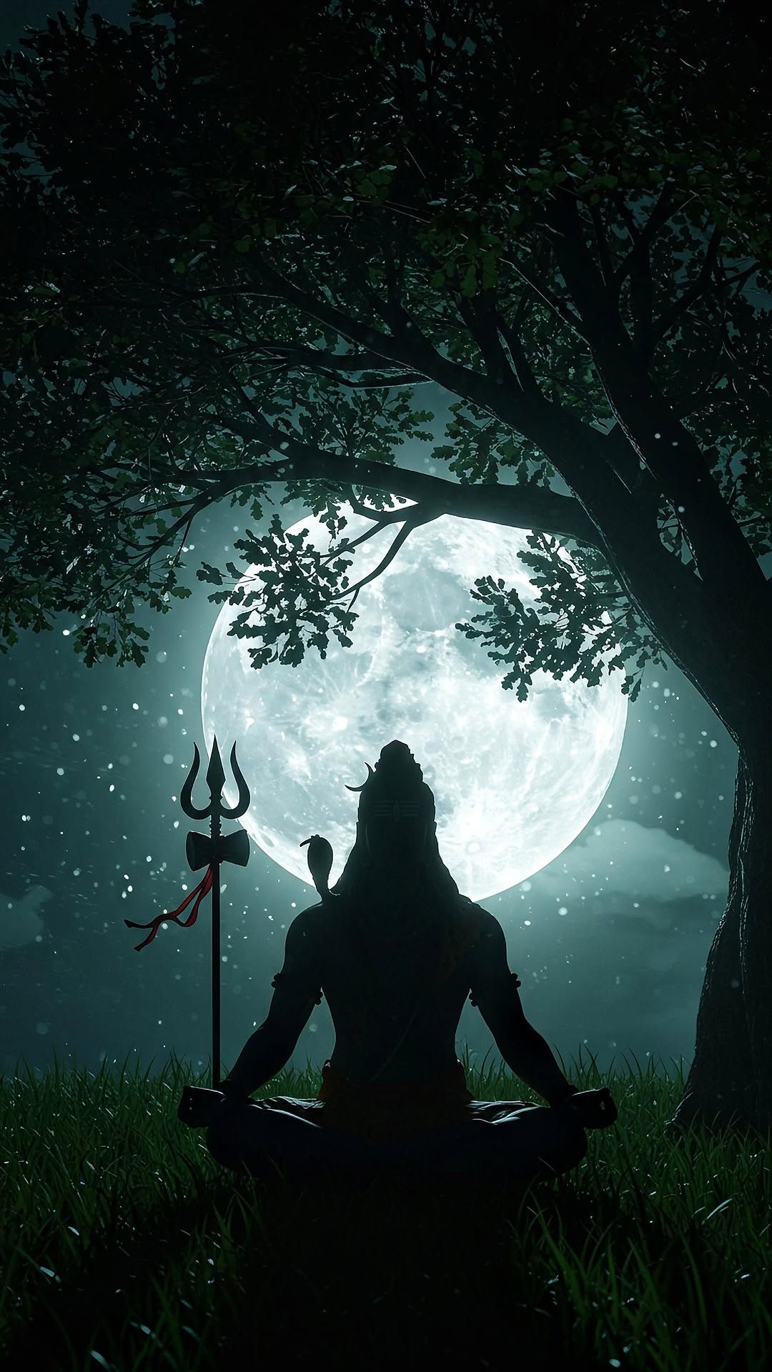 Meditating Shiva under full moon.