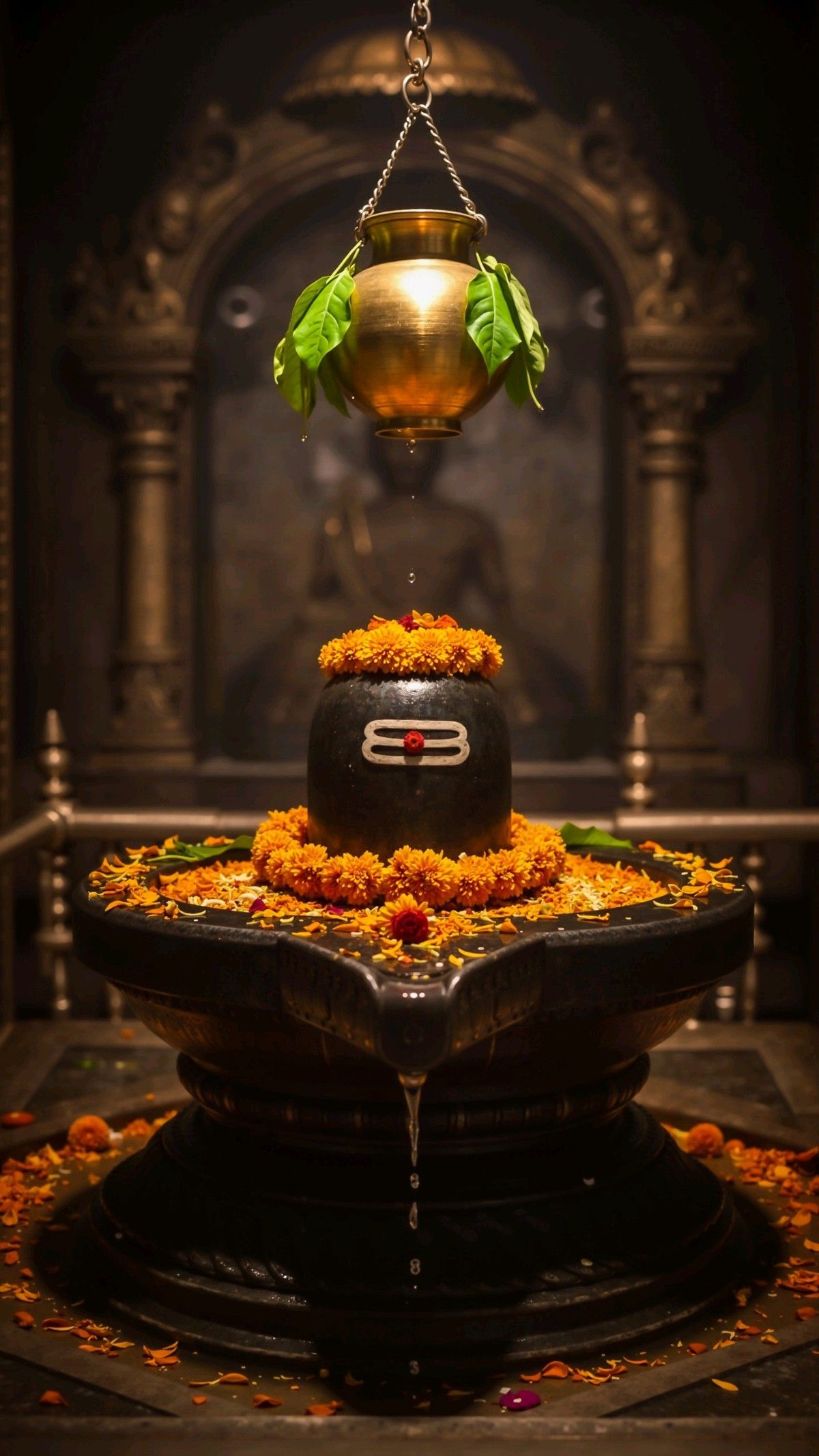Shiva Lingam with flower offerings.