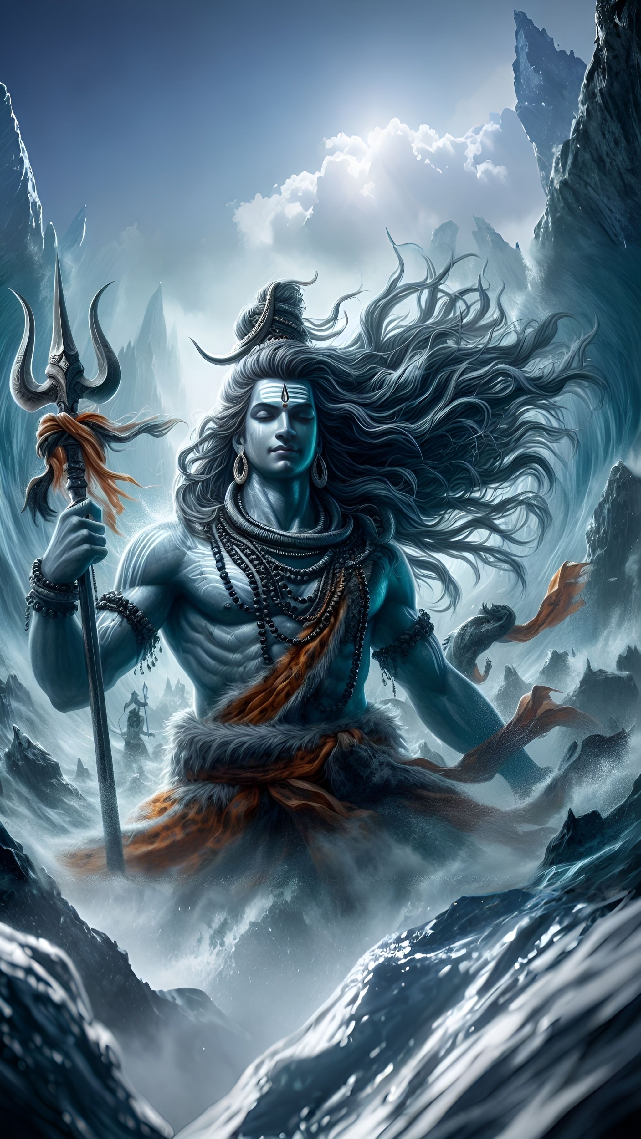Shiva meditating amidst ocean and mountains