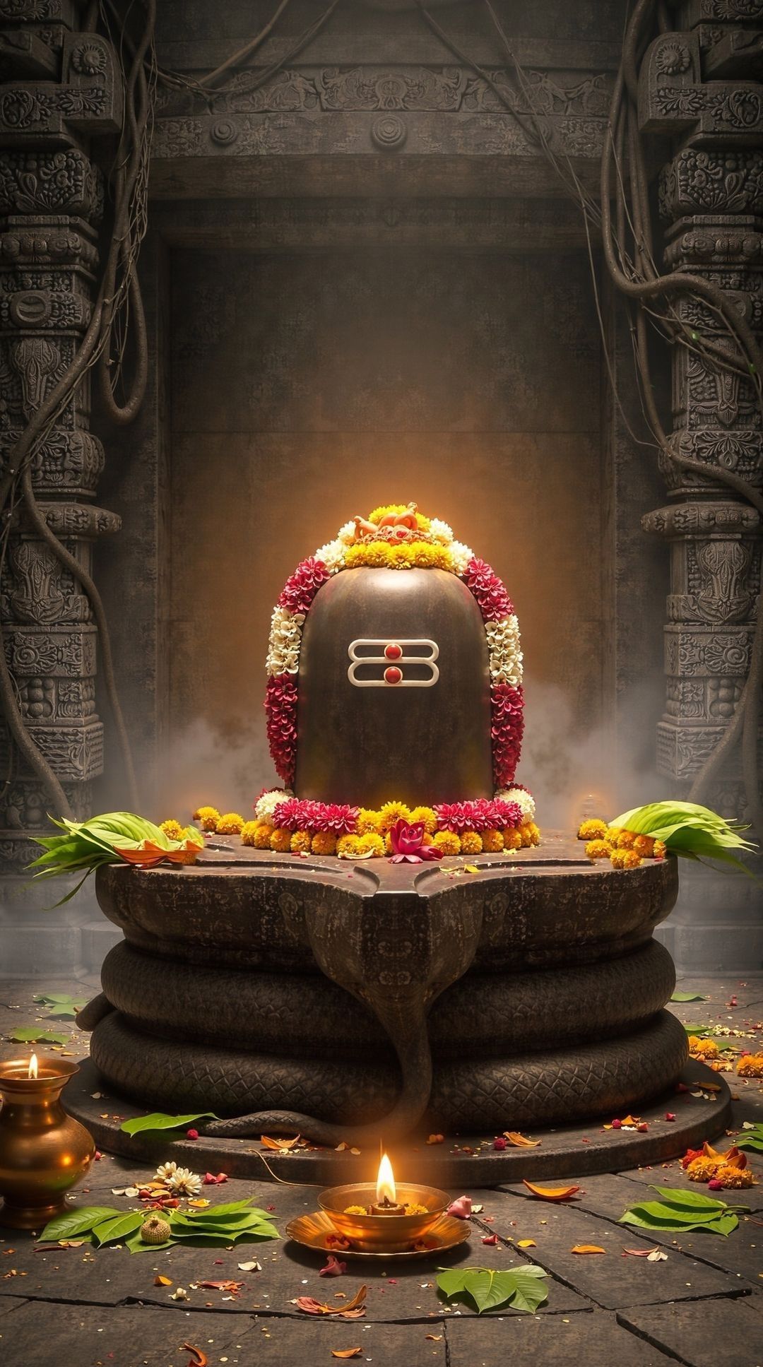 Shiva Linga with flowers and diya