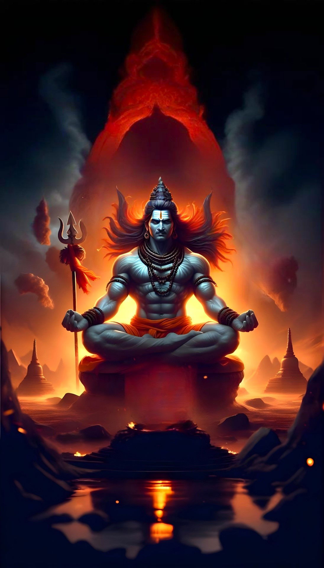 Lord Shiva meditating in fiery aura
