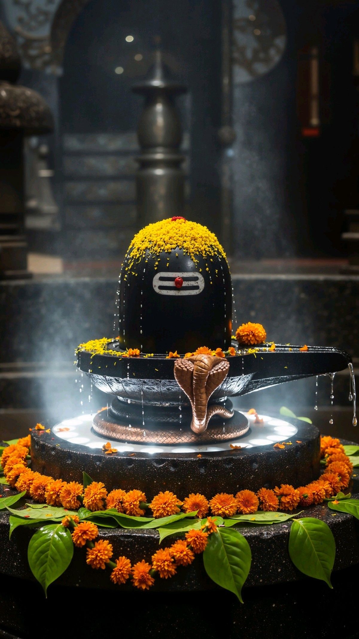 Shiva Linga adorned with marigolds