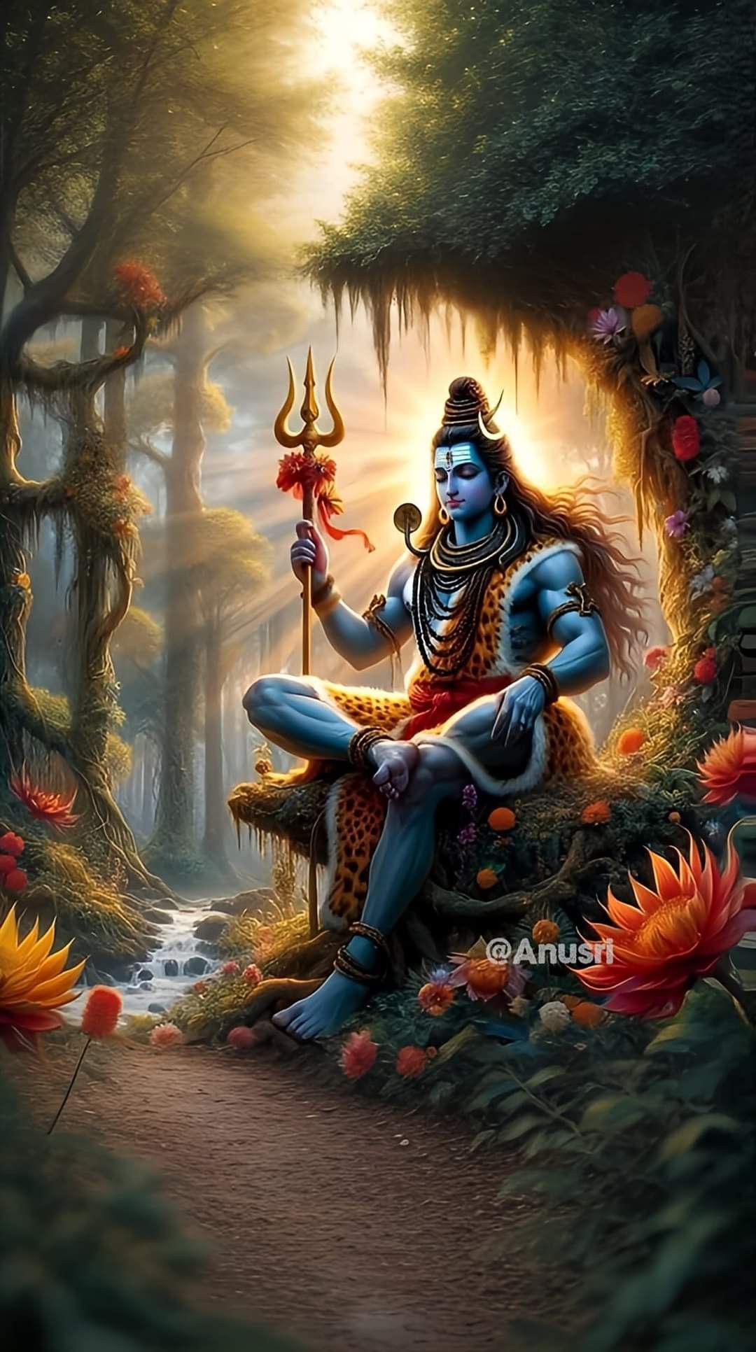 Lord Shiva meditating in a forest scene