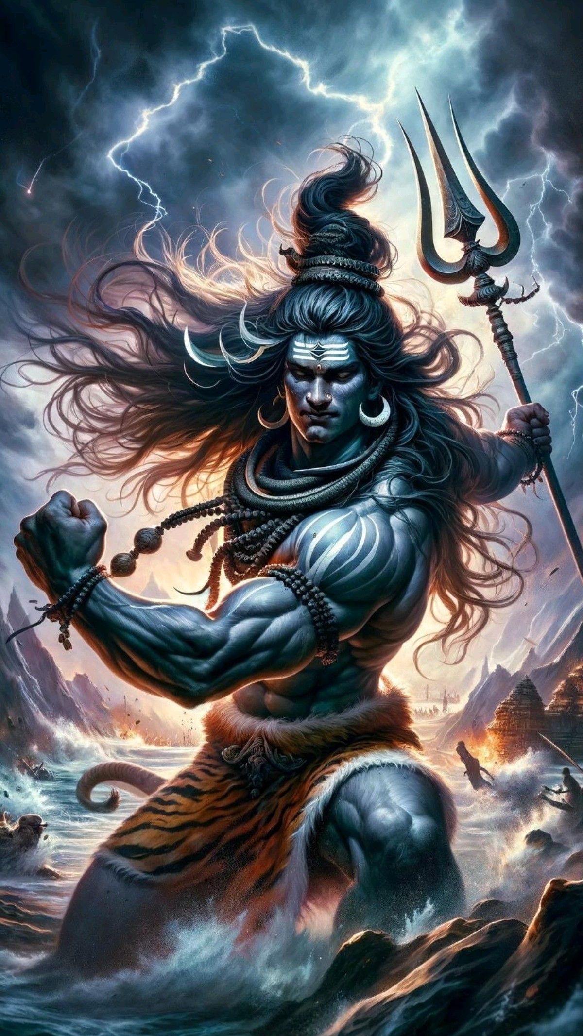 Fierce Shiva wielding Trishul in storm