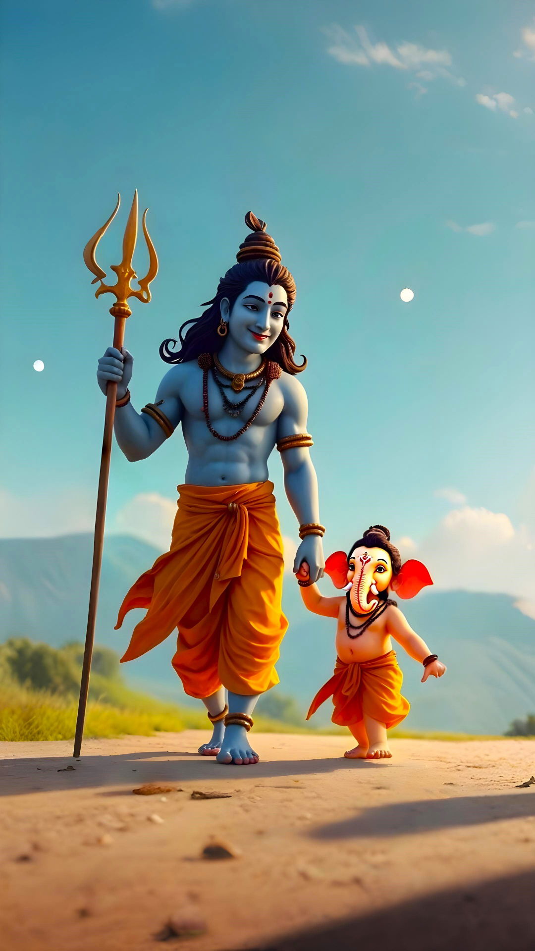 Shiva with Ganesha in scenic landscape