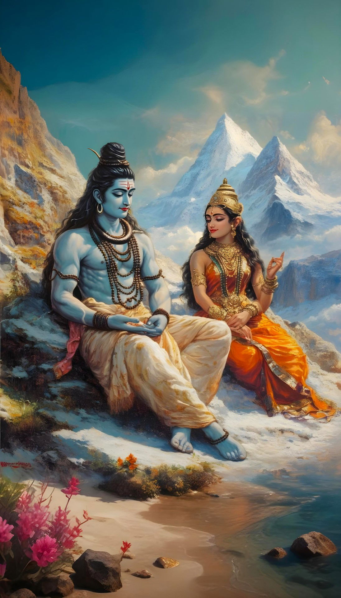 Shiva and Parvati in Himalayan landscape
