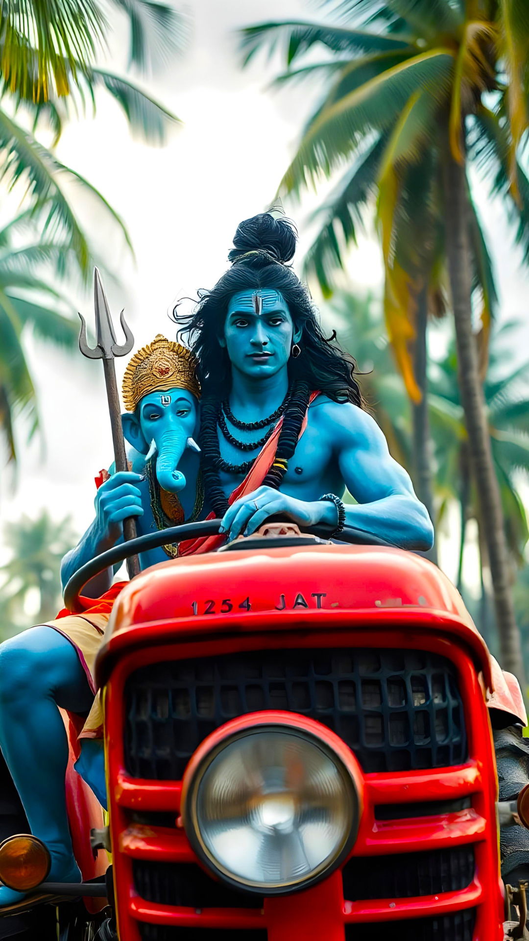 Shiva and Ganesha ride a red vehicle