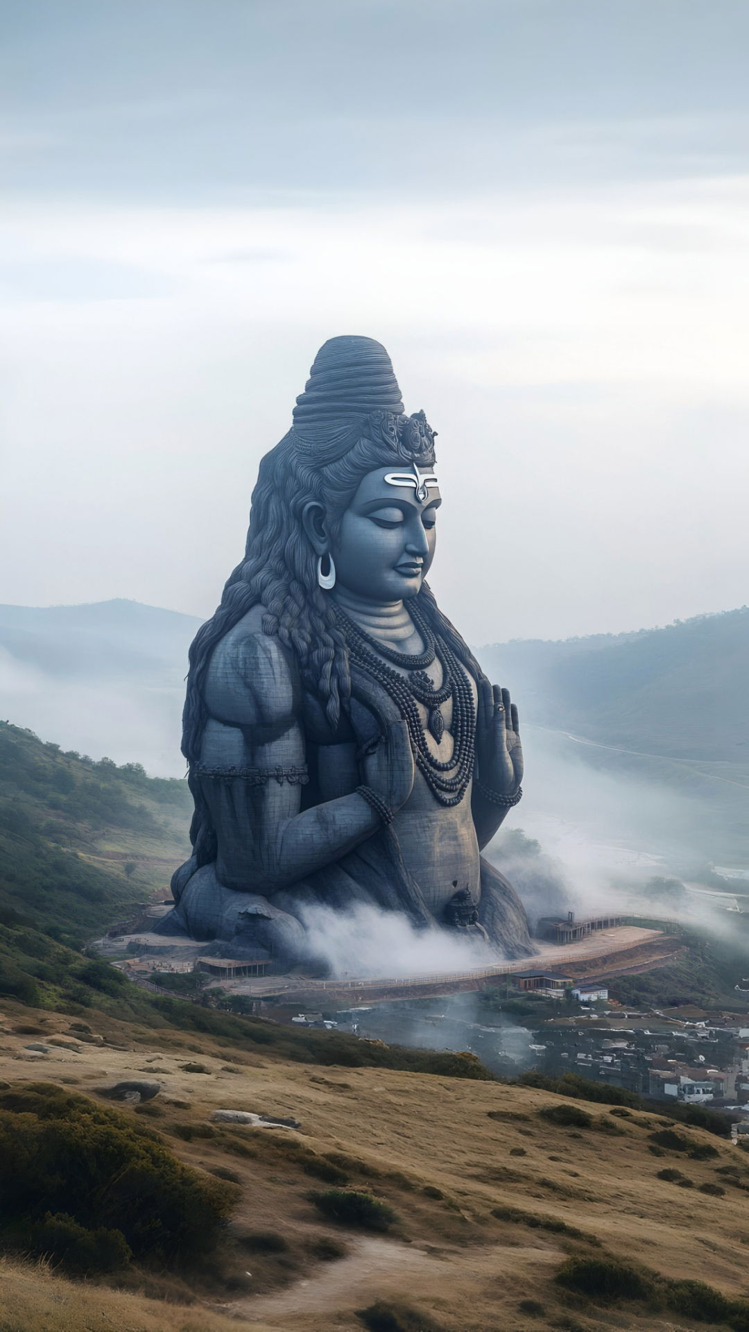 Giant Shiva statue overlooking misty valley.