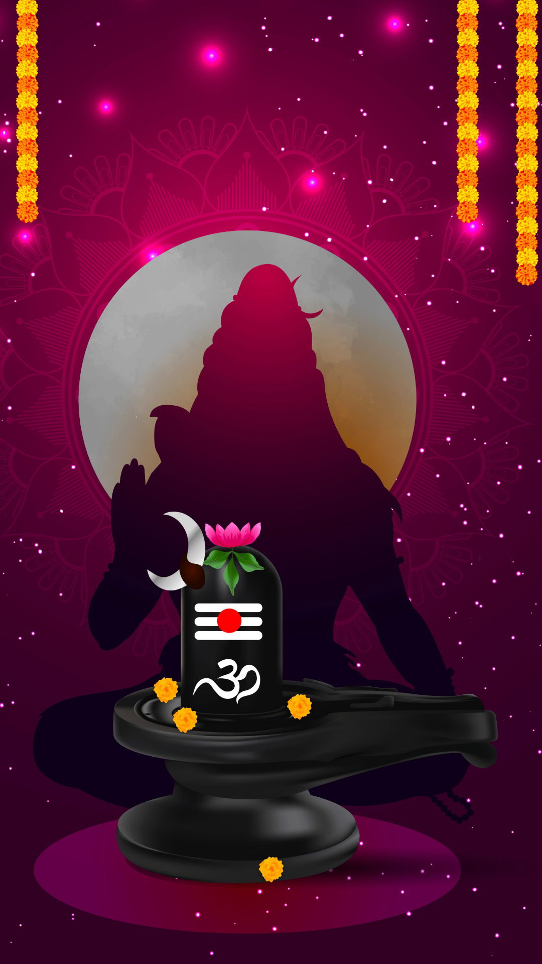 Shiva silhouette with Shivling and Om symbol.