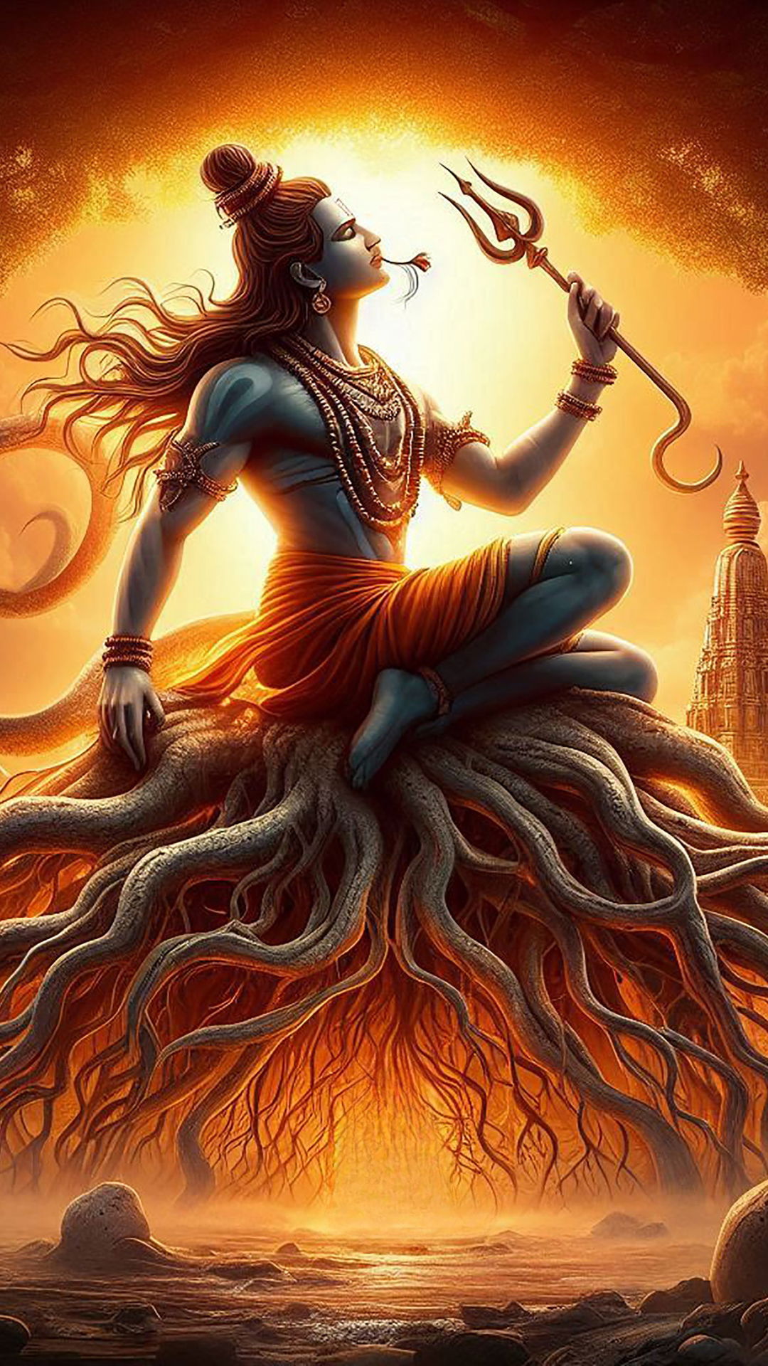 Shiva seated among ancient roots
