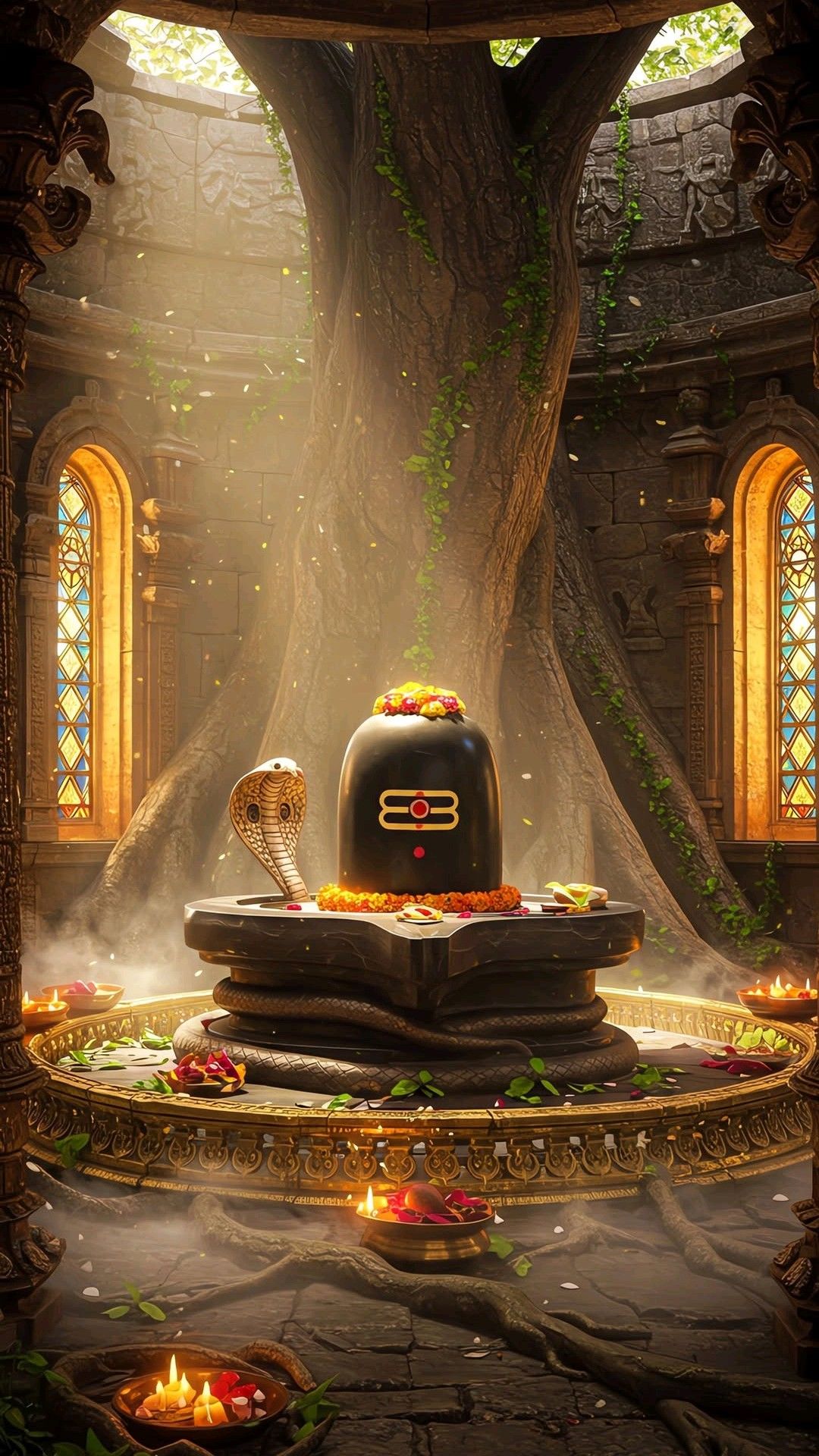 Shiva Lingam amidst ancient tree temple