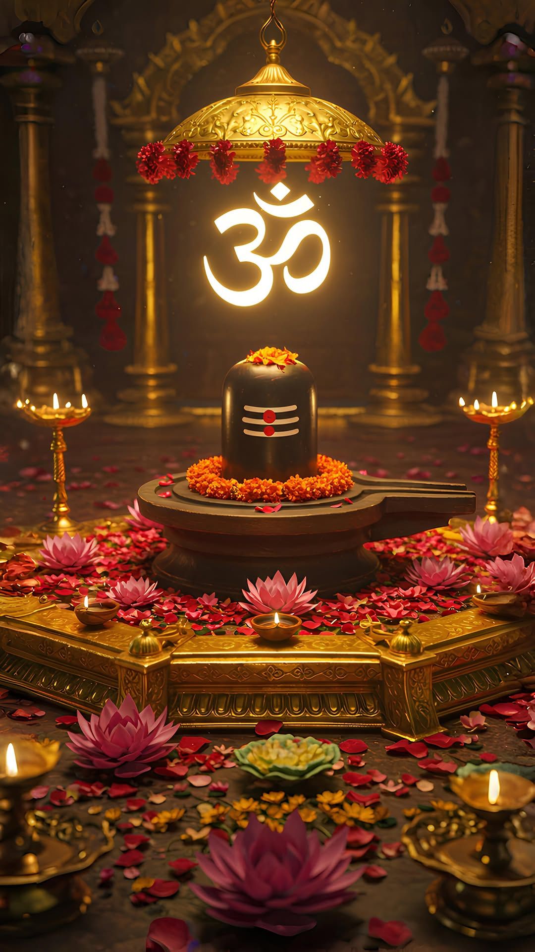 Shiva shivalinga with om symbol flowers