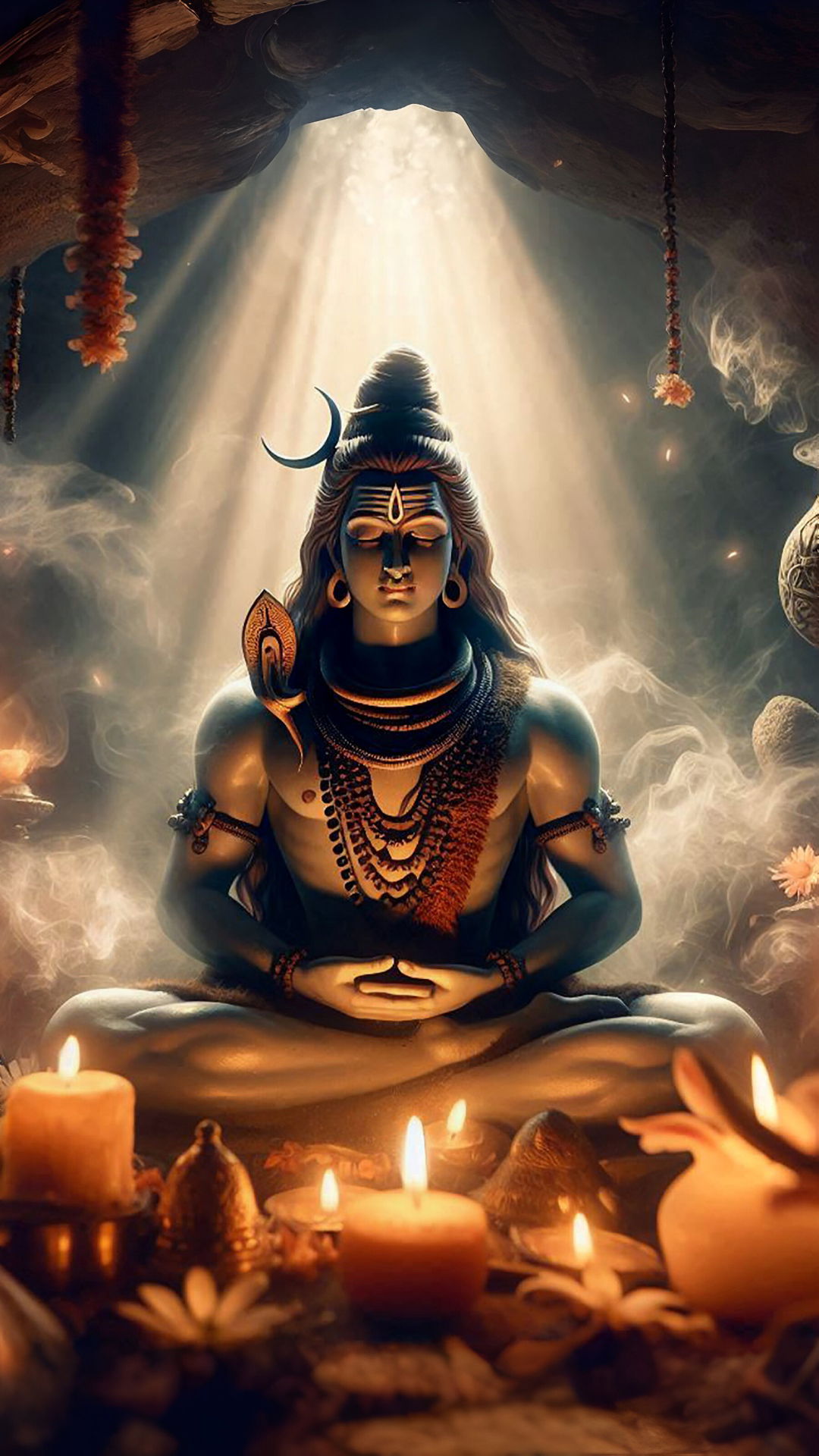 Meditating Shiva amidst candlelight and flowers