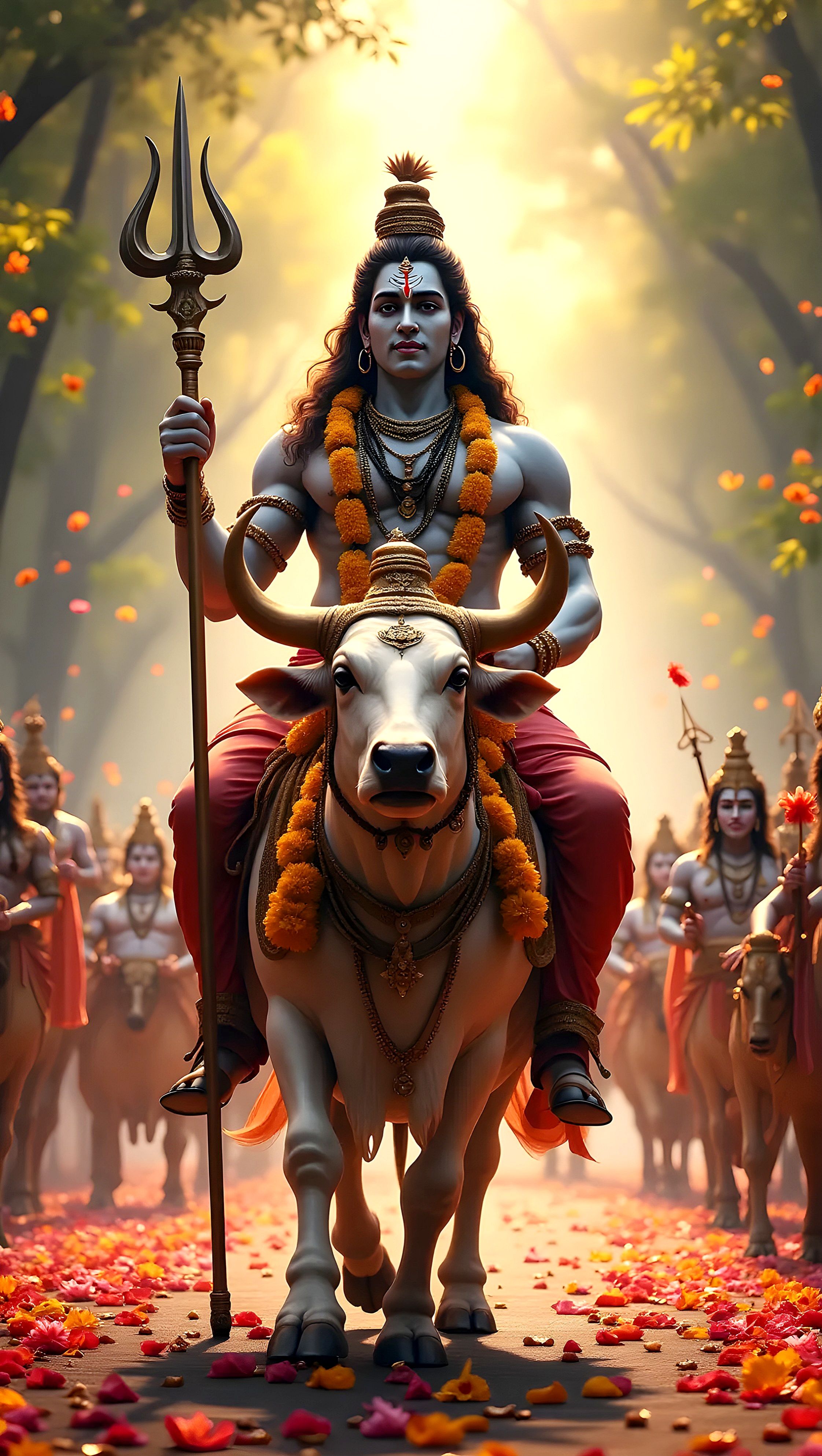 Shiva rides Nandi, holding Trishul