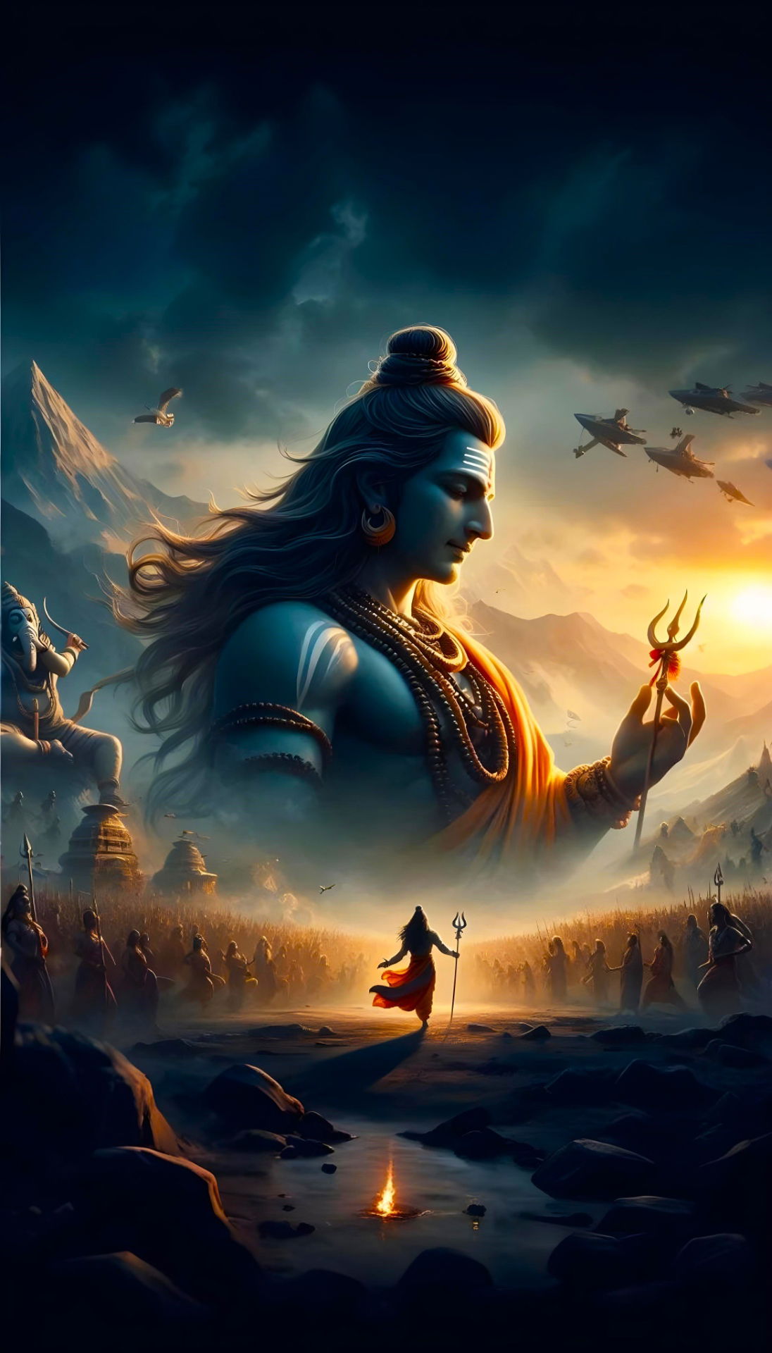 Lord Shiva amidst cosmic dawn scene