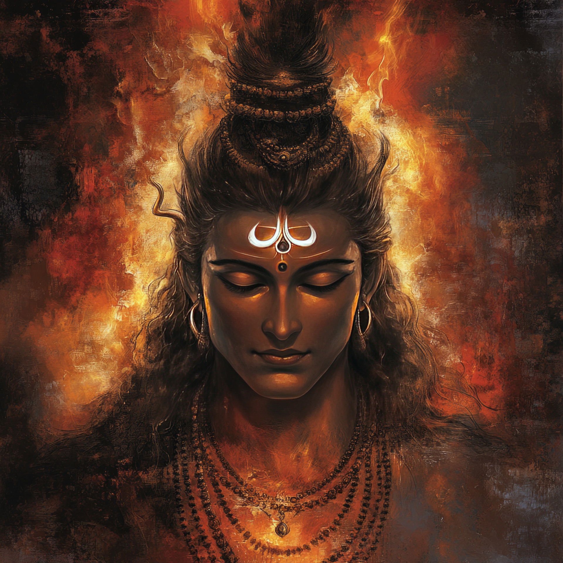 Lord Shiva meditating amidst fiery energy