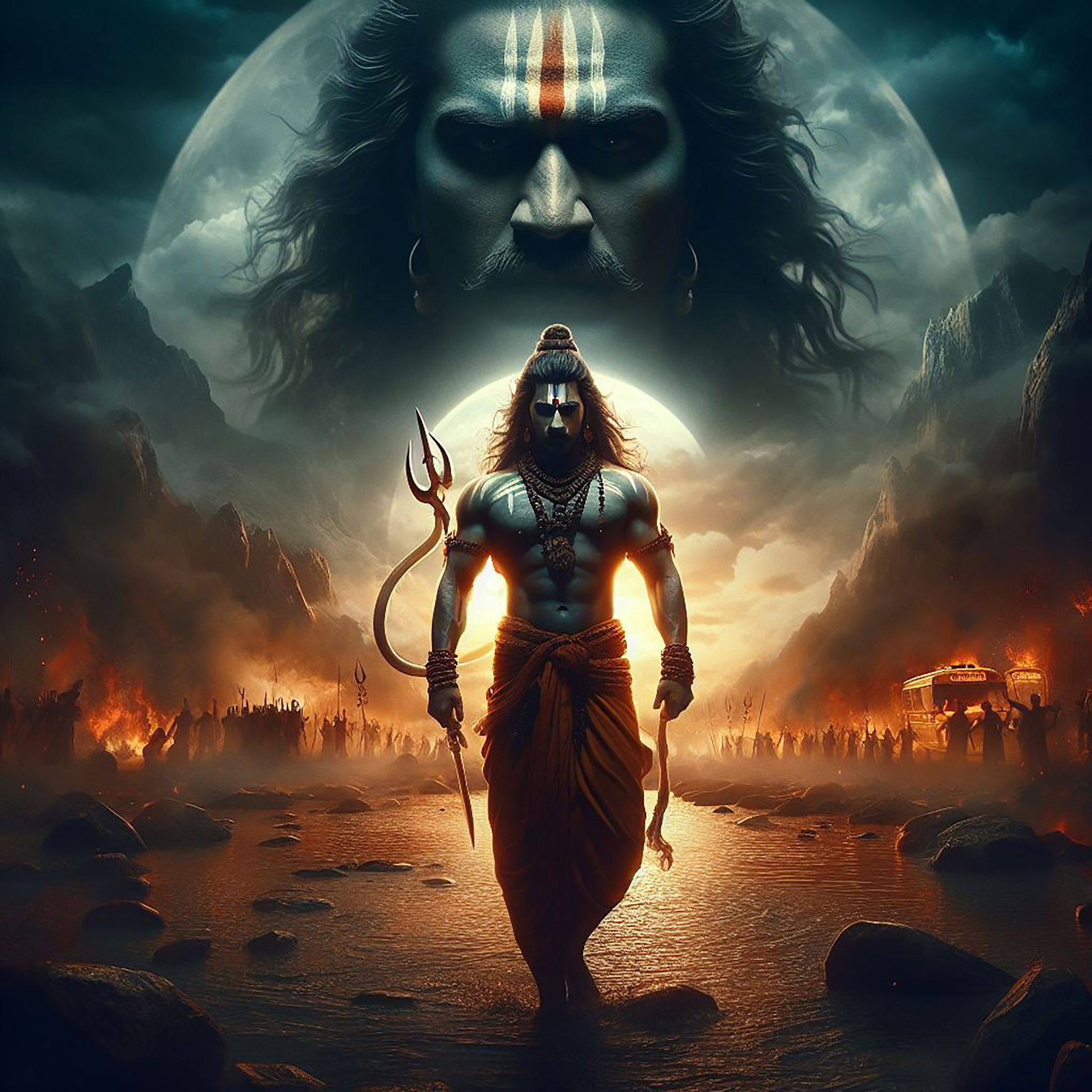 Powerful Shiva warrior on battlefield.